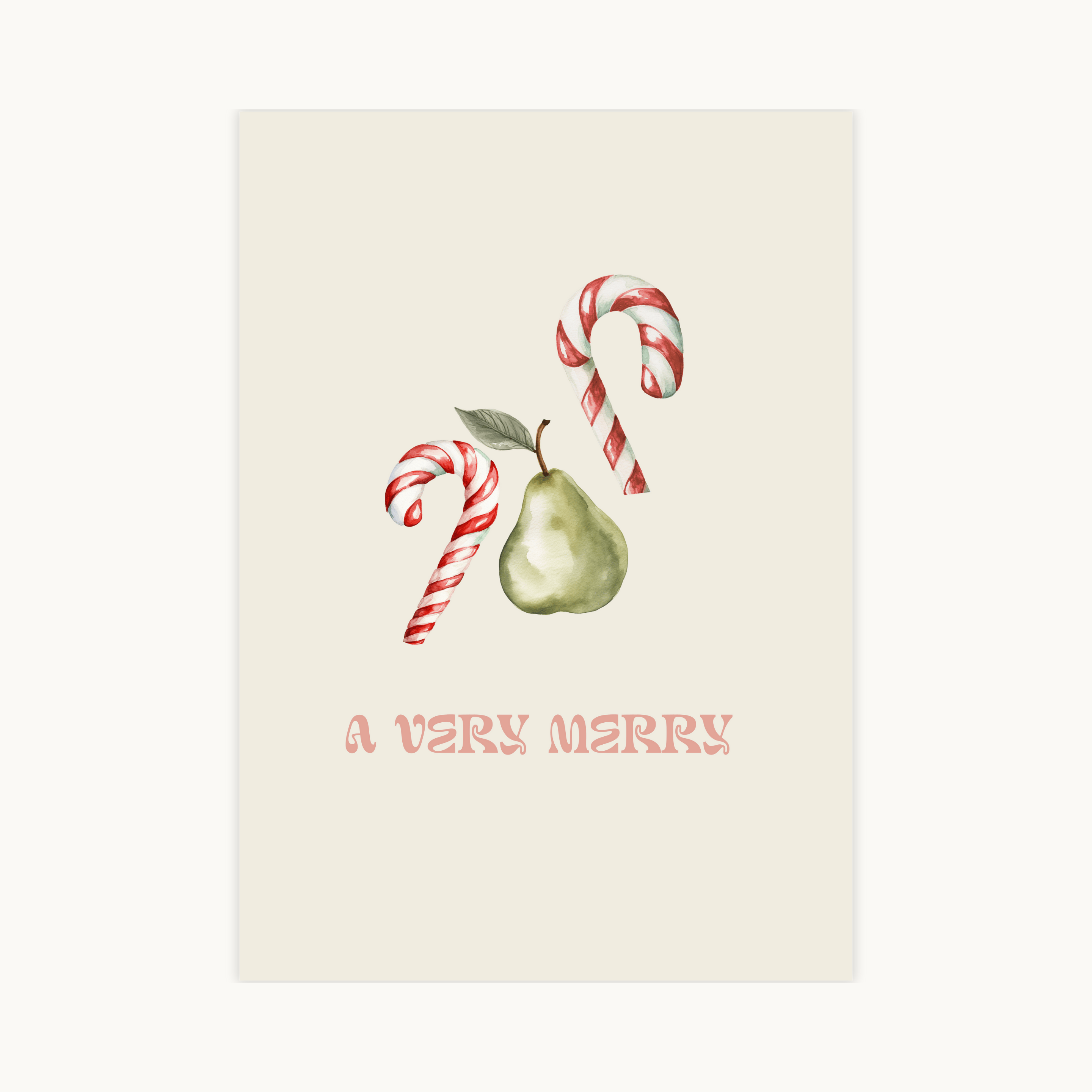 Vintage aquarel kerstposter met een groene peer, twee rood-witte zuurstokken (candy canes) en de roze tekst "A VERY MERRY" in een retro lettertype. Perfecte nostalgische muurkunst voor de feestdagen.