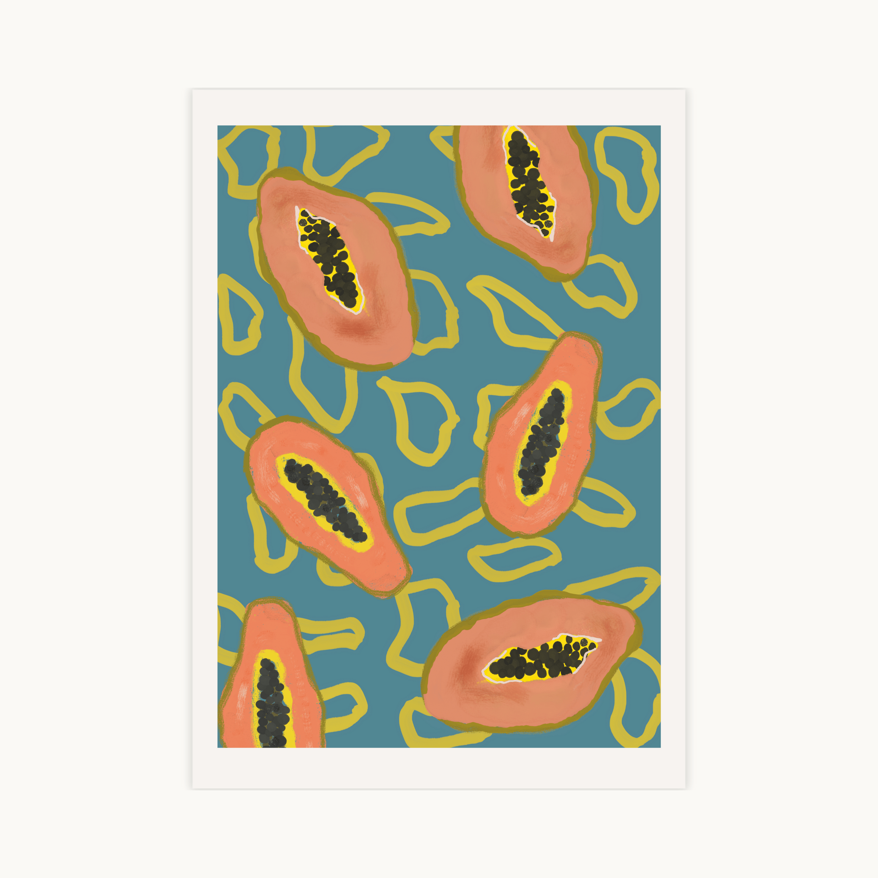 Kleurrijke illustratie van gehalveerde papaja's op blauwe achtergrond, tropische fruit poster en wanddecoratie voor de keuken.