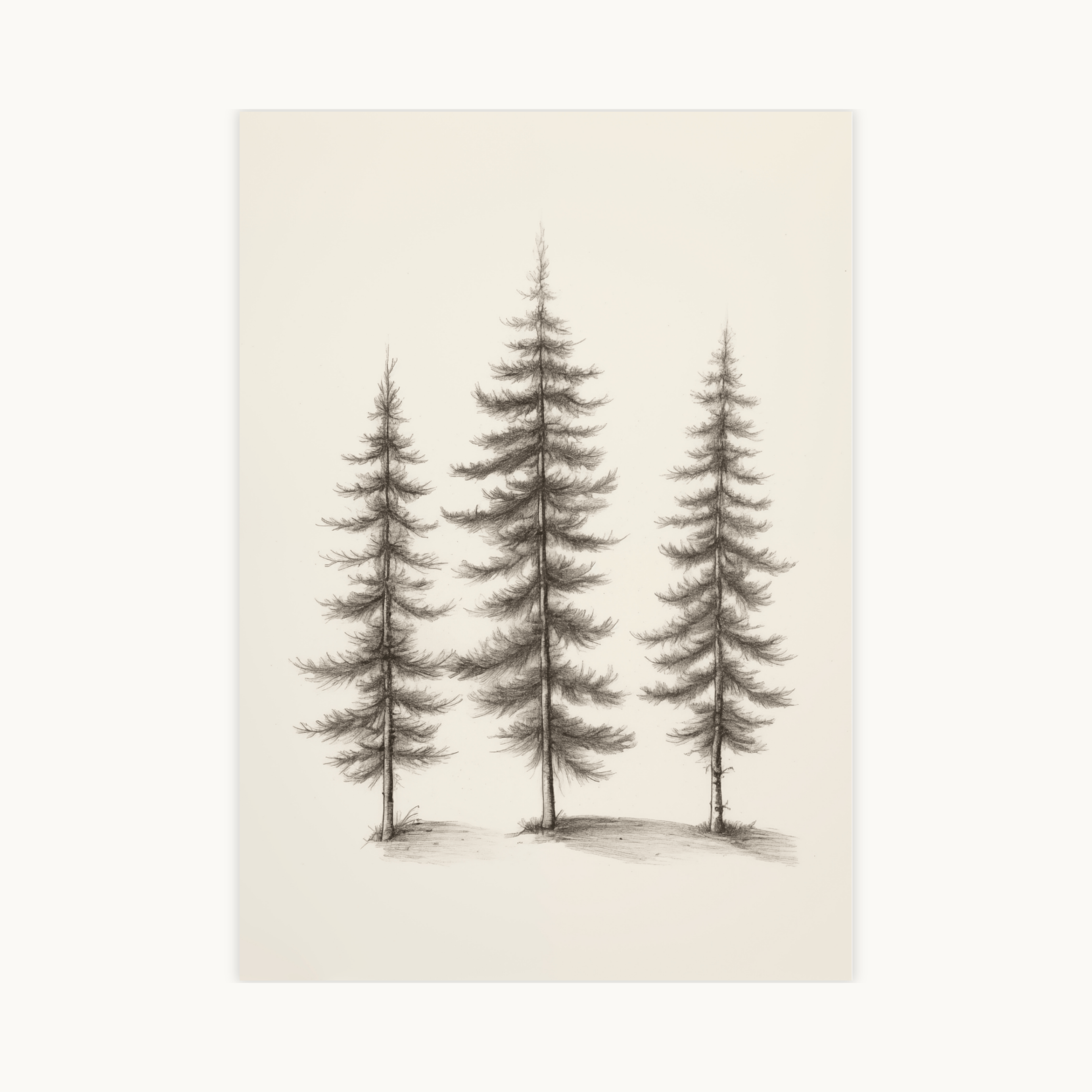 Potloodtekening van drie dennenbomen, vintage botanische schets op beige papier, natuurlijke en rustieke muurkunst.