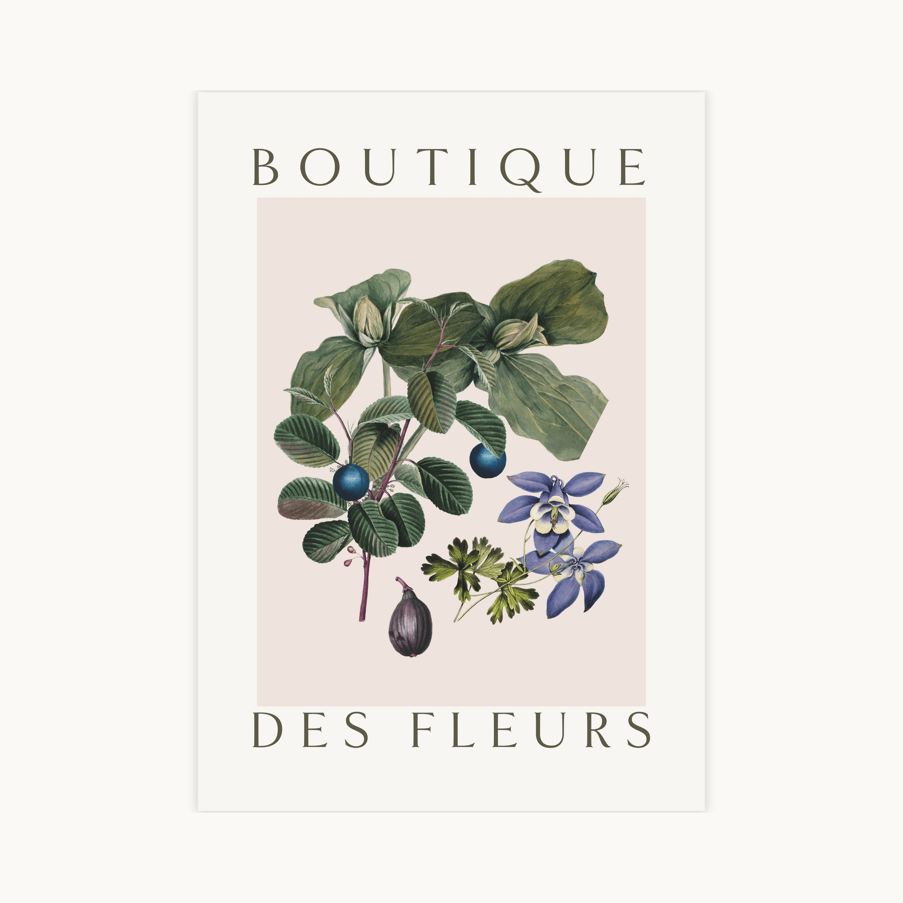 Verticale botanische poster met de tekst "BOUTIQUE DES FLEURS" in een elegant lettertype, uitgevoerd als vintage wanddecoratie in 21x30 formaat voor een sfeervol en natuurlijk interieur.