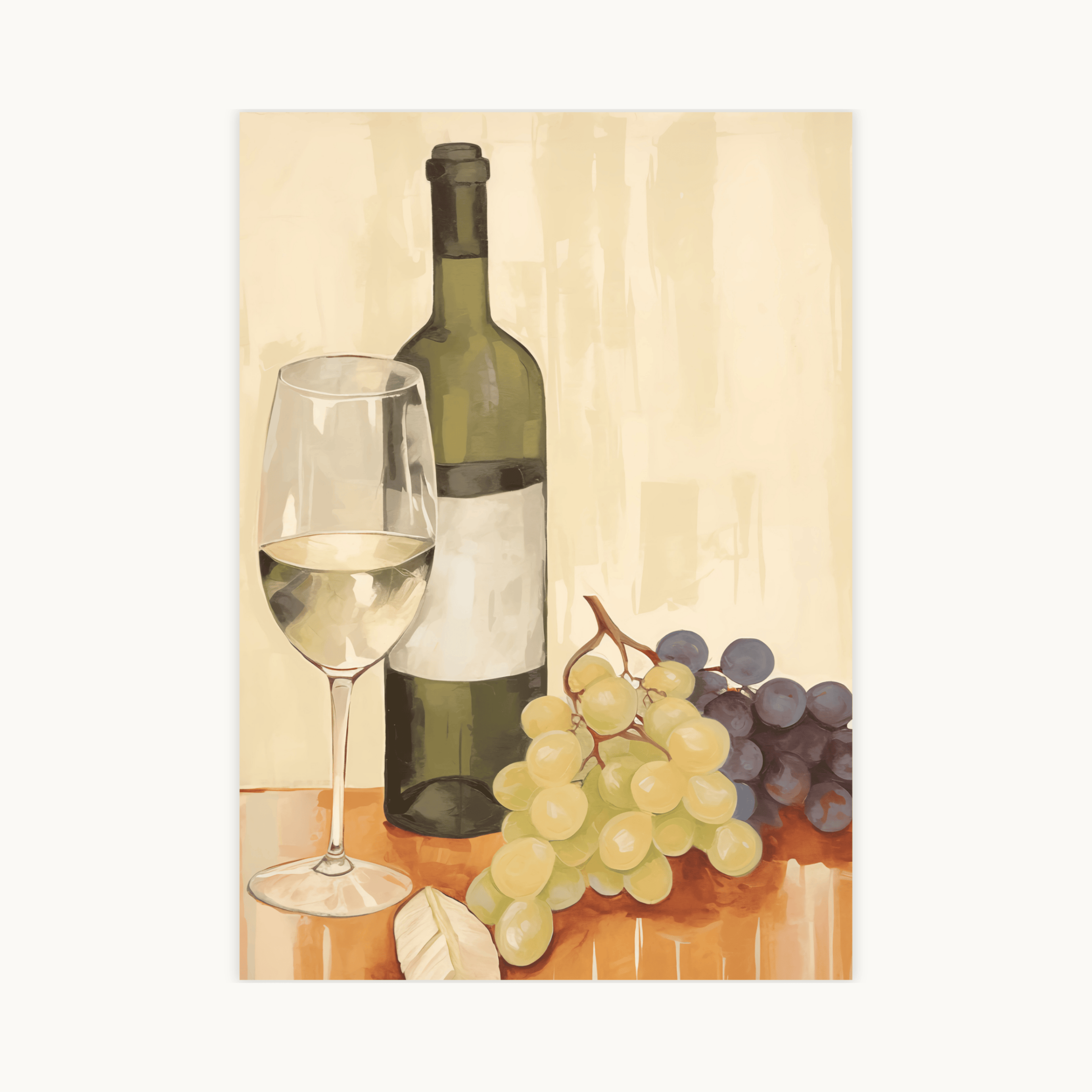 Schilderij poster van een klassiek wijn stilleven met een fles witte wijn, wijnglas, trossen blauwe en groene druiven en kaas.