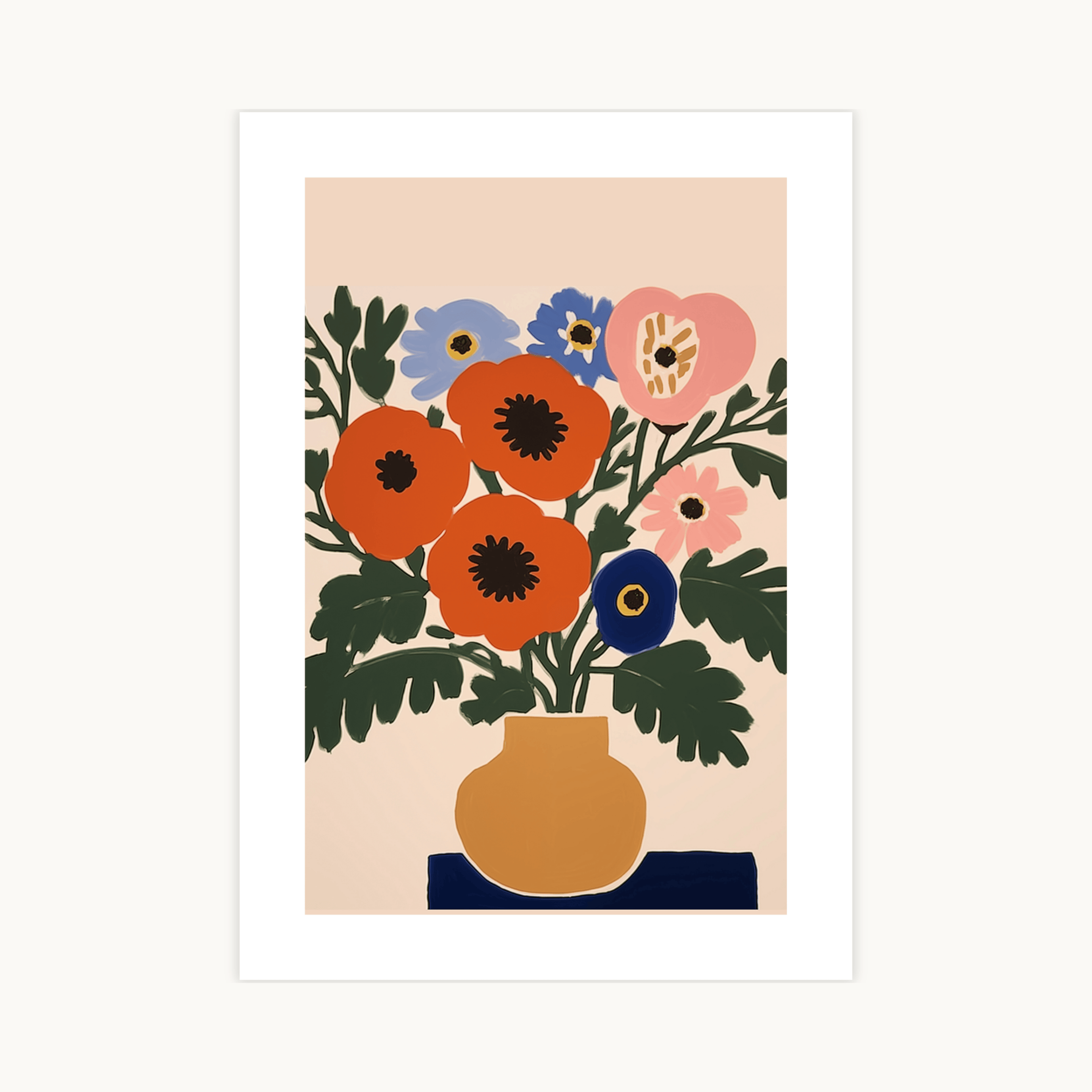 Abstracte, kleurrijke bloemenprint van een boeket met oranje papavers en blauwe bloemen in een gele vaas. Matisse-stijl botanische muurdecoratie.