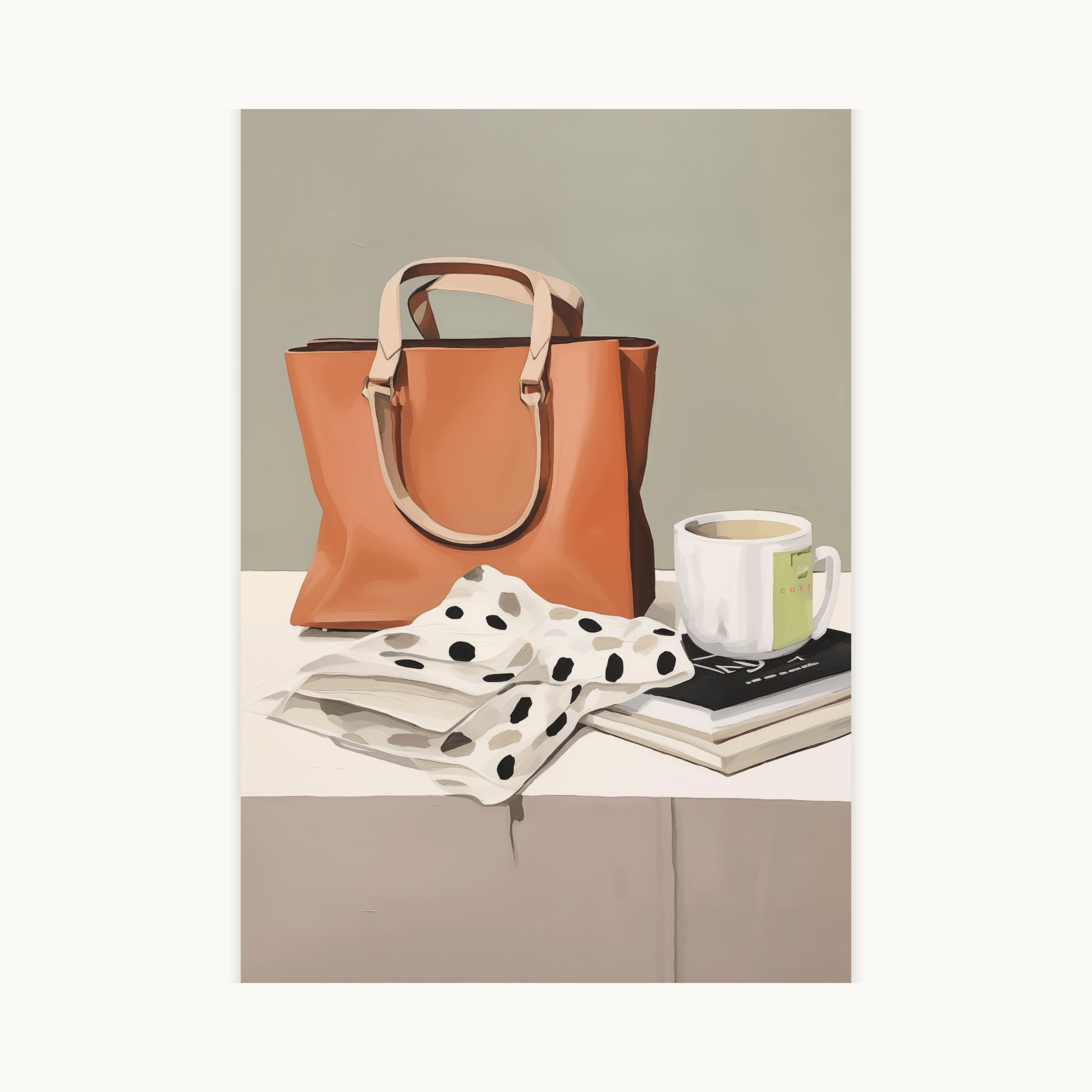 Schilderachtige poster van een still life met een oranjebruine handtas, een stapel boeken, een witte koffiemok en een gevouwen sjaal met stippen. Een moderne, minimalistische illustratie van lifestyle en mode-accessoires met neutrale en warme kleuren.