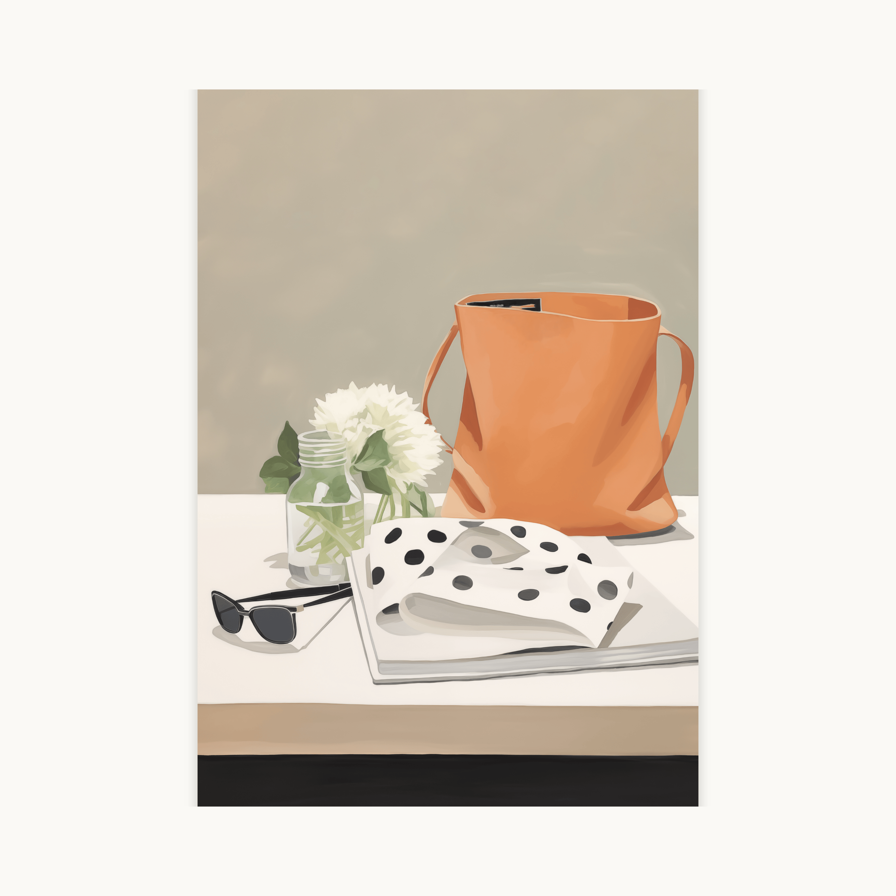 Schilderachtige poster van een still life met een oranjebruine leren schoudertas, een sjaal met zwarte stippen, een zonnebril en witte bloemen in een vaas. Een moderne, minimalistische fashion en lifestyle kunstprint met neutrale en warme tinten.