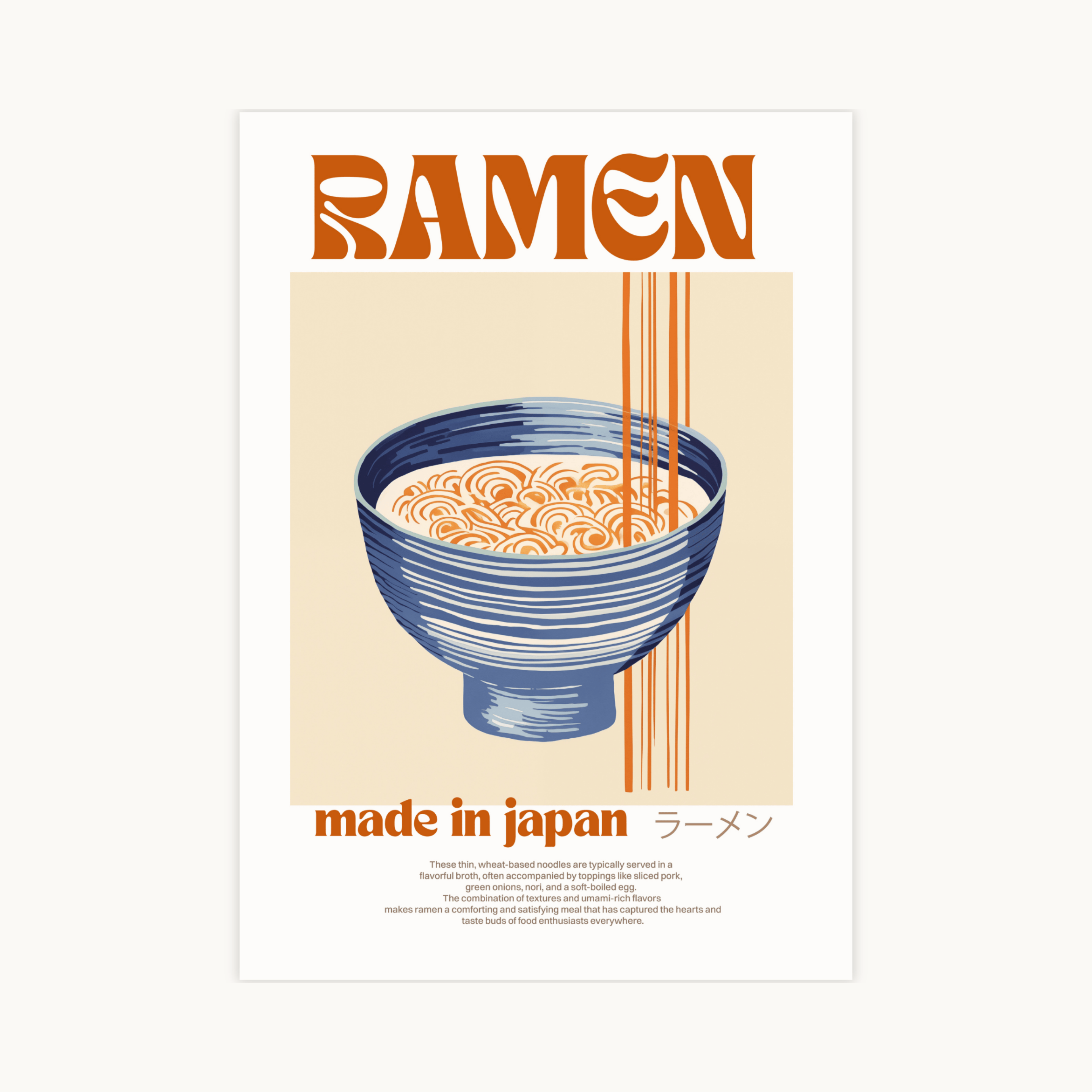 Grafische Ramen poster met een kom noedels. Tekst: "made in japan". Japanse food art in retro stijl.