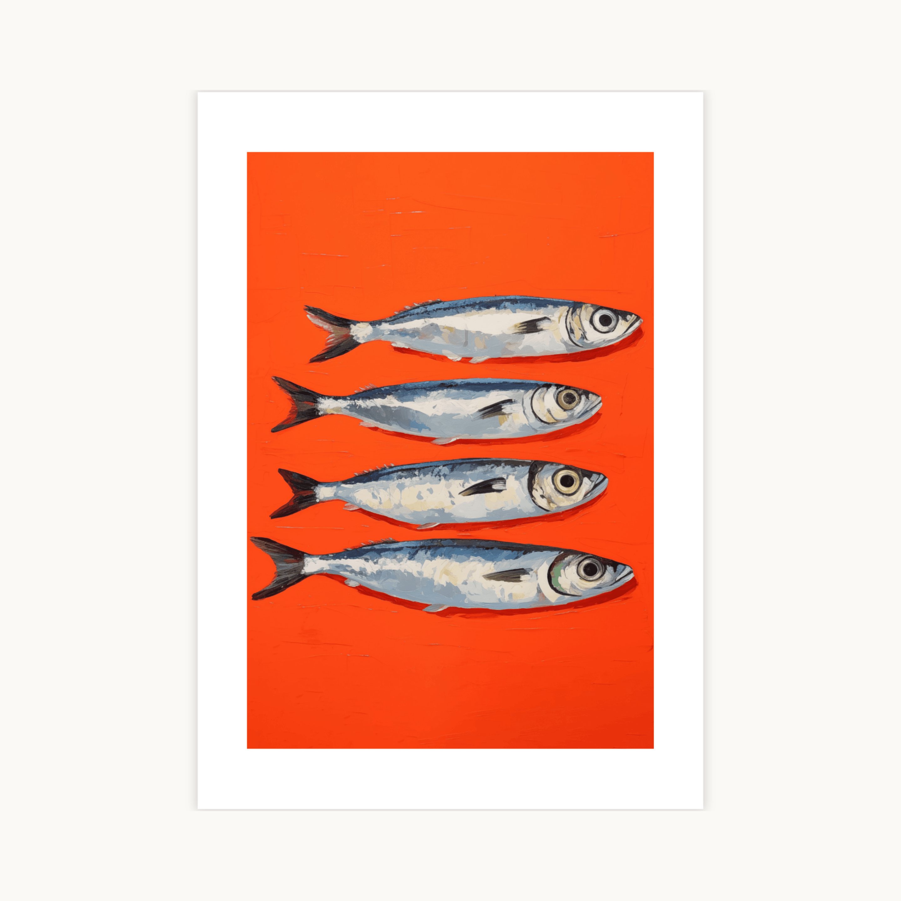 Poster 'Red Herring' met een grafische illustratie van vier zilverblauwe haringen of sardines, horizontaal boven elkaar afgebeeld. De achtergrond is een helder, geschilderd oranje-rood. Moderne, kleurrijke culinaire kunst print voor de keuken of eetkamer.