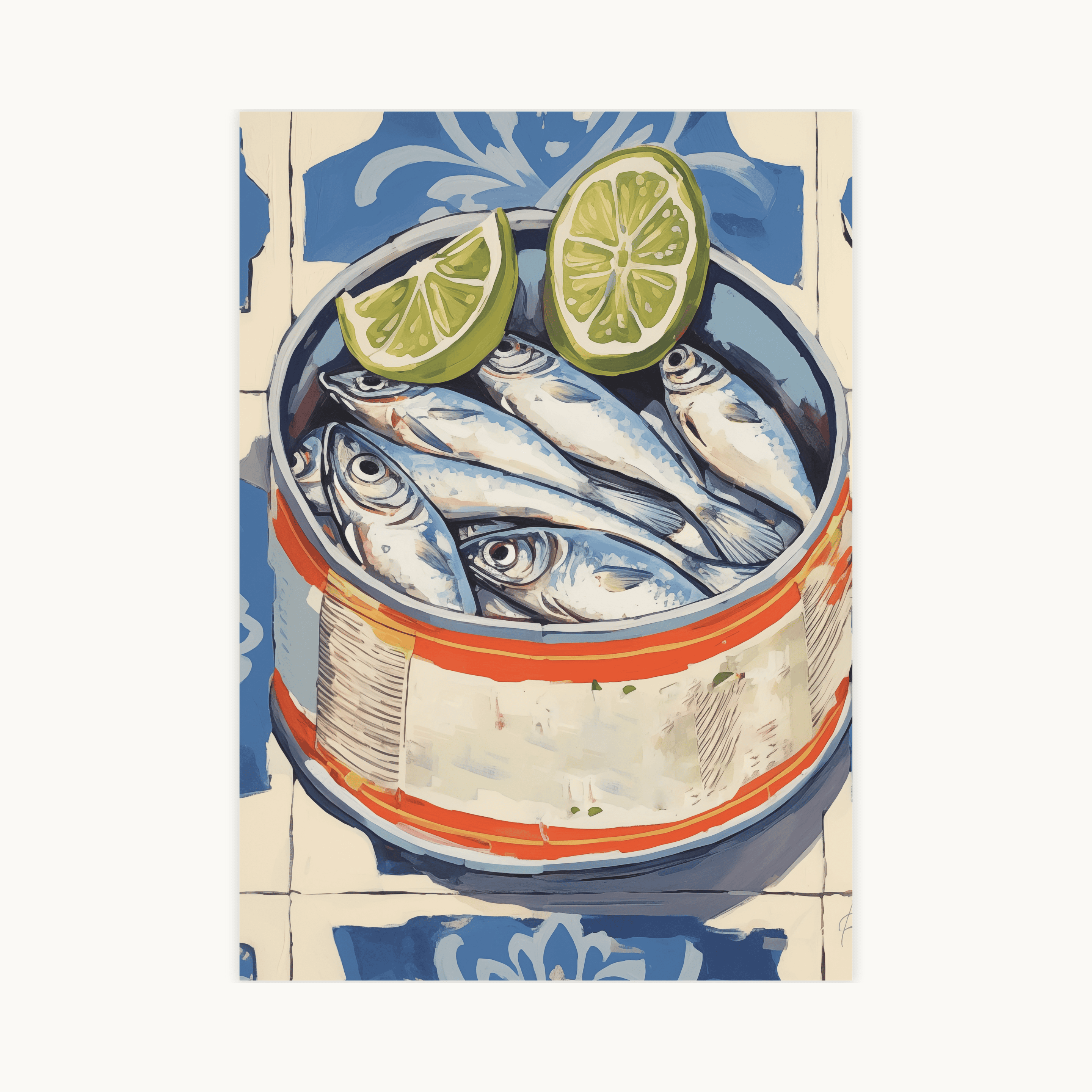 Gedetailleerde kunstprint van een geopend Sardineblikje met limoen, op een achtergrond van blauw-witte Azulejo tegels. Retro keuken decoratie.