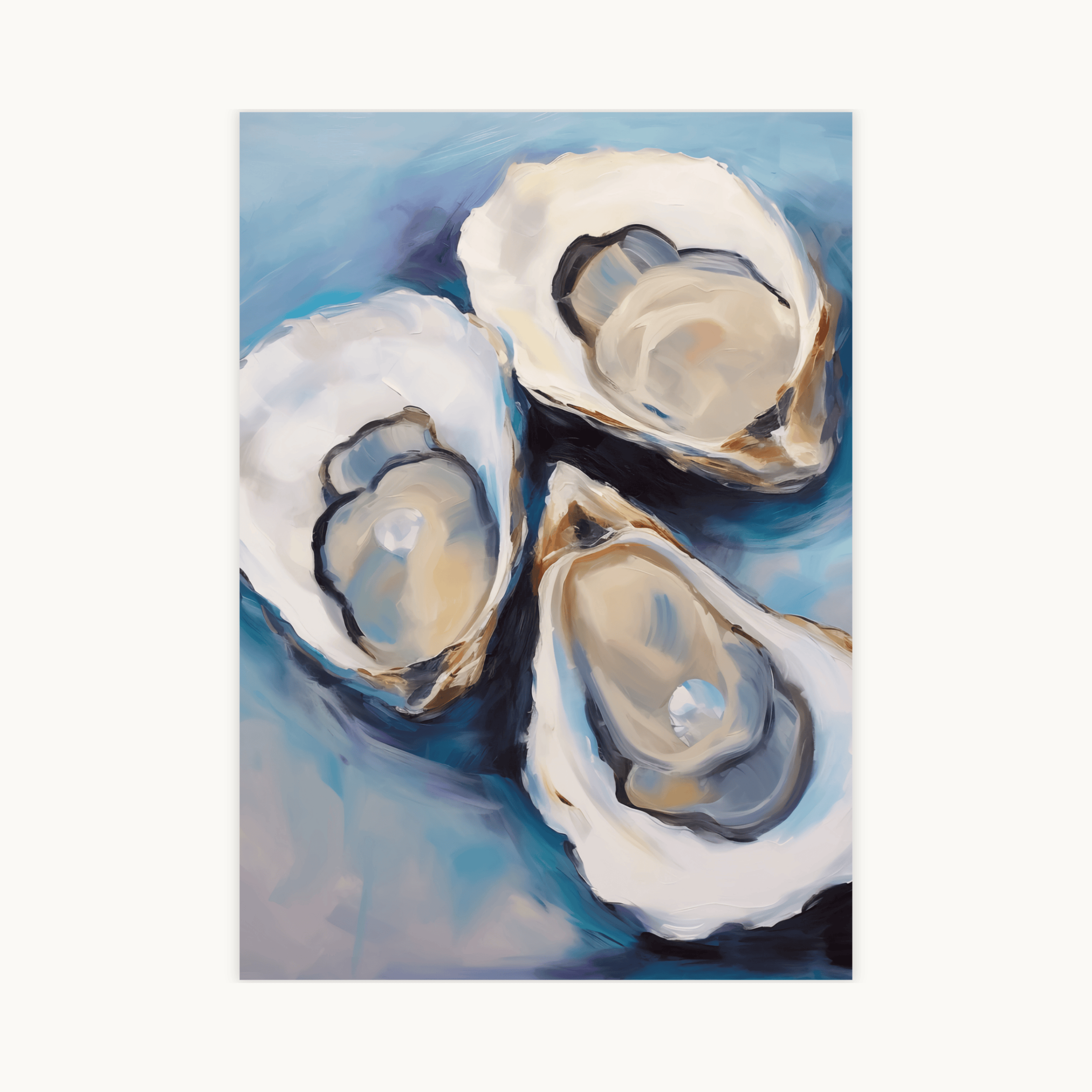 Schilderij poster van drie verse oesters op een blauwe achtergrond. Maritieme kunst en culinaire decoratie.