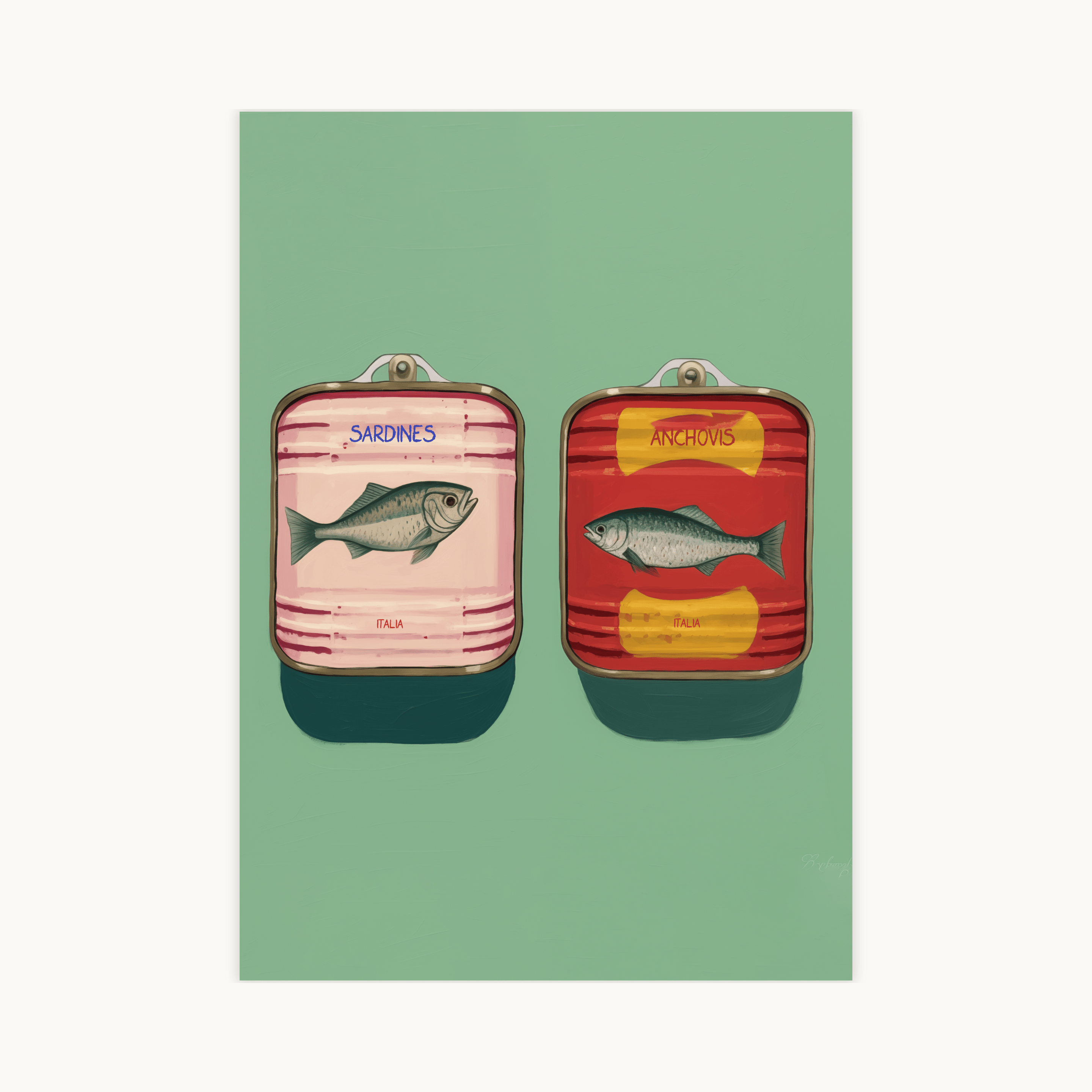 Grafische kunstprint van twee vintage Italiaanse visconservenblikjes: roze Sardines en rood Anchovis, op een mintgroene achtergrond. Retro keuken decoratie.