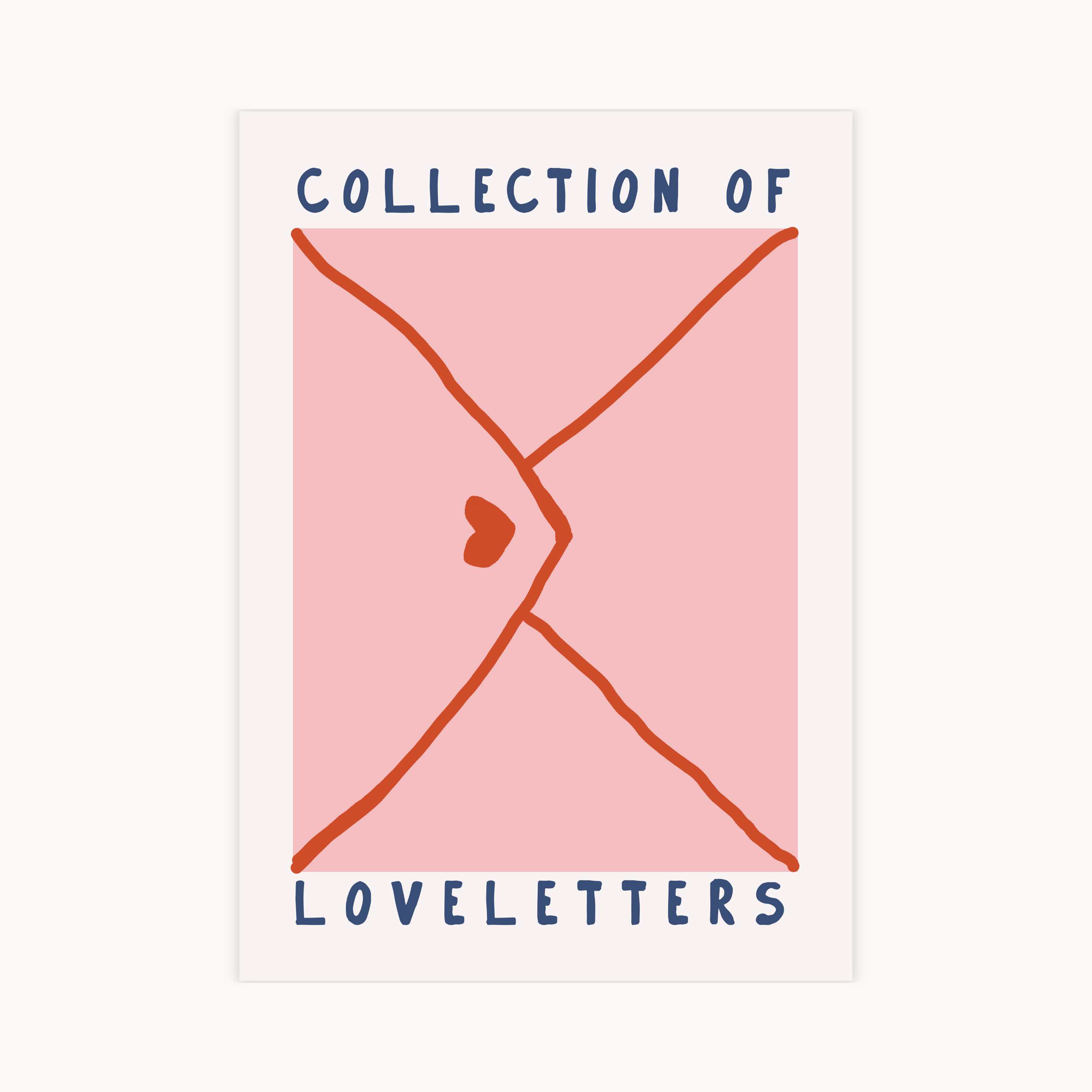 Minimalistische grafische kunstprint van een roze, gesloten envelop met een hartje en de tekst "COLLECTION OF LOVELETTERS". Romantische slaapkamer decoratie.