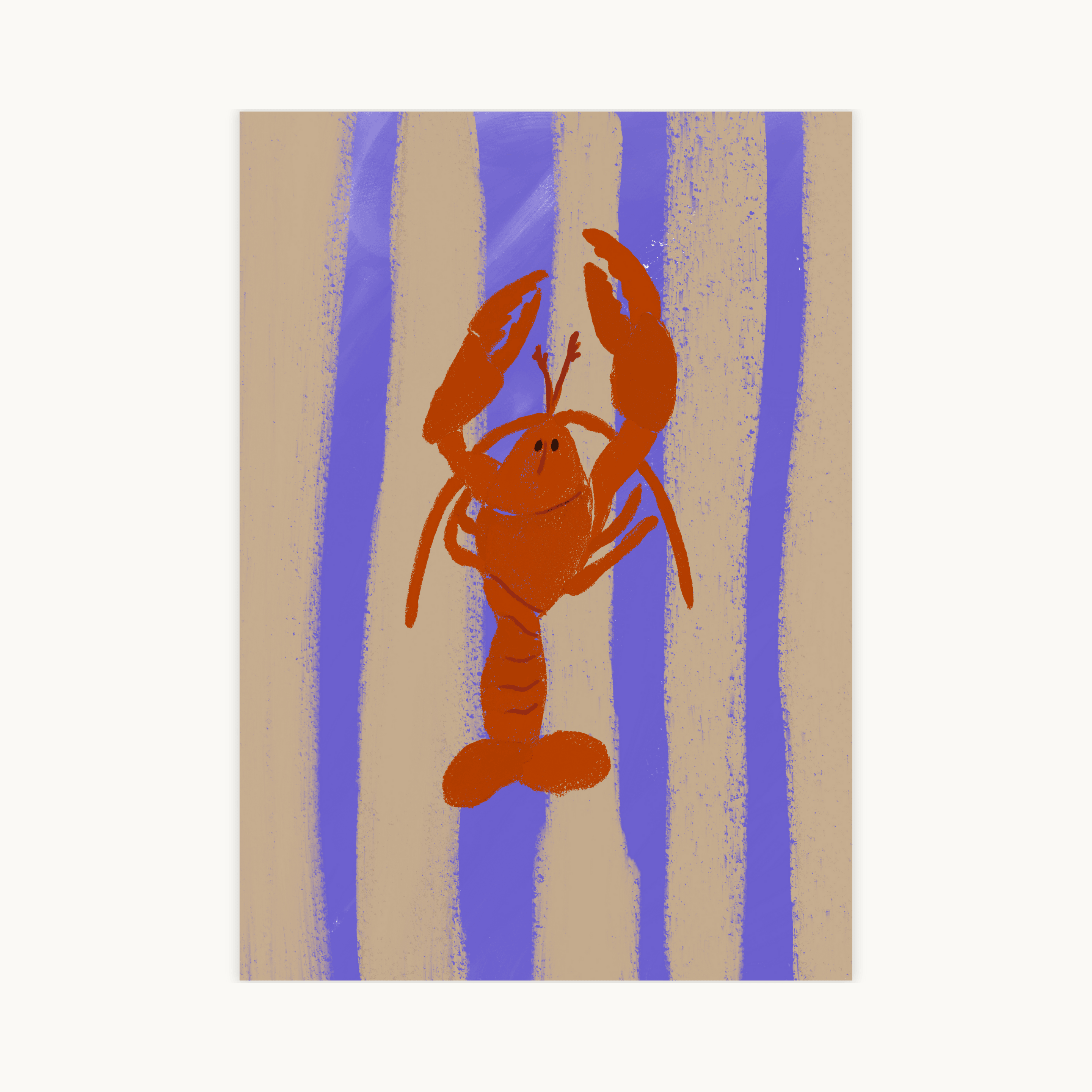 Illustratie van een rode kreeft op een blauw en beige gestreepte achtergrond, maritieme wanddecoratie voor keuken of badkamer.