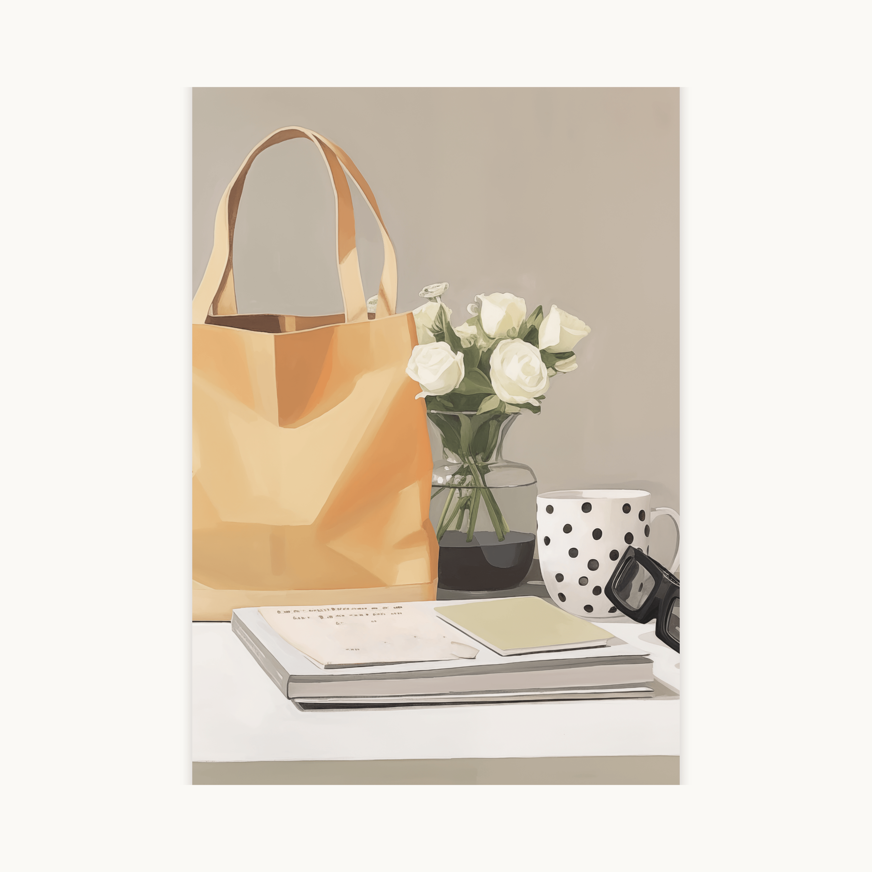 Schilderachtige poster van een still life met een okergele tote bag, een vaas met witte rozen, een polka-dot mok en een stapel notitieboeken op tafel. Een moderne, minimalistische illustratie van lifestyle en kantoorbenodigdheden met neutrale kleuren.