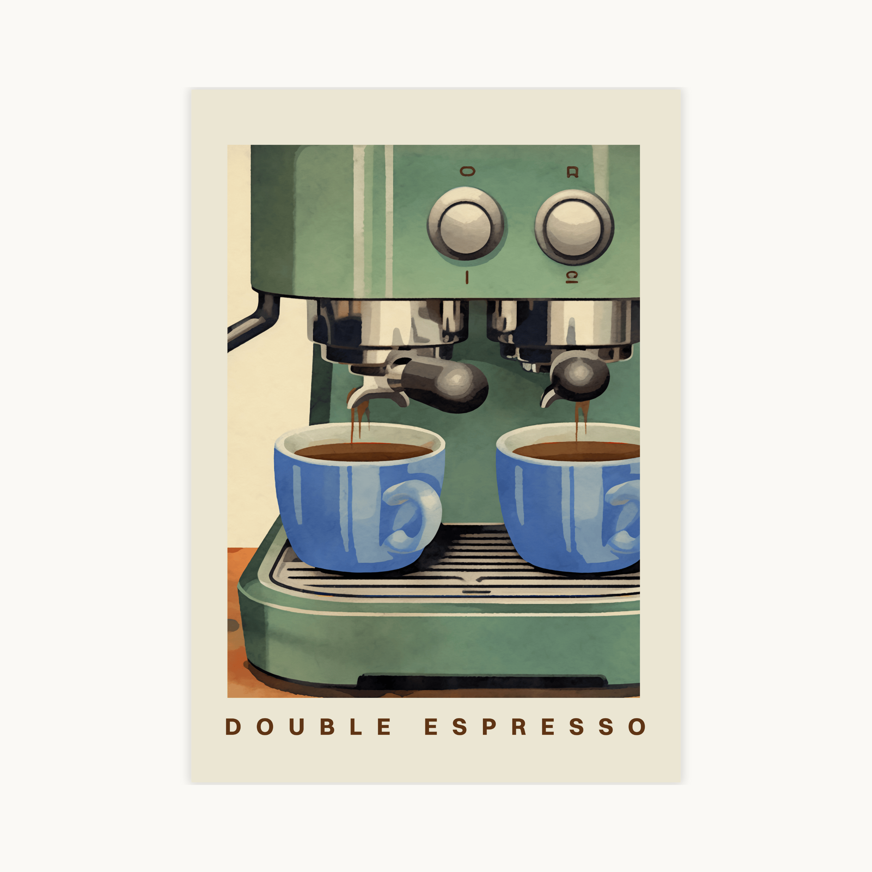Poster van een mintgroene espressomachine die twee shots espresso schenkt in blauwe mokken. Koffiekunst met tekst "DOUBLE ESPRESSO".