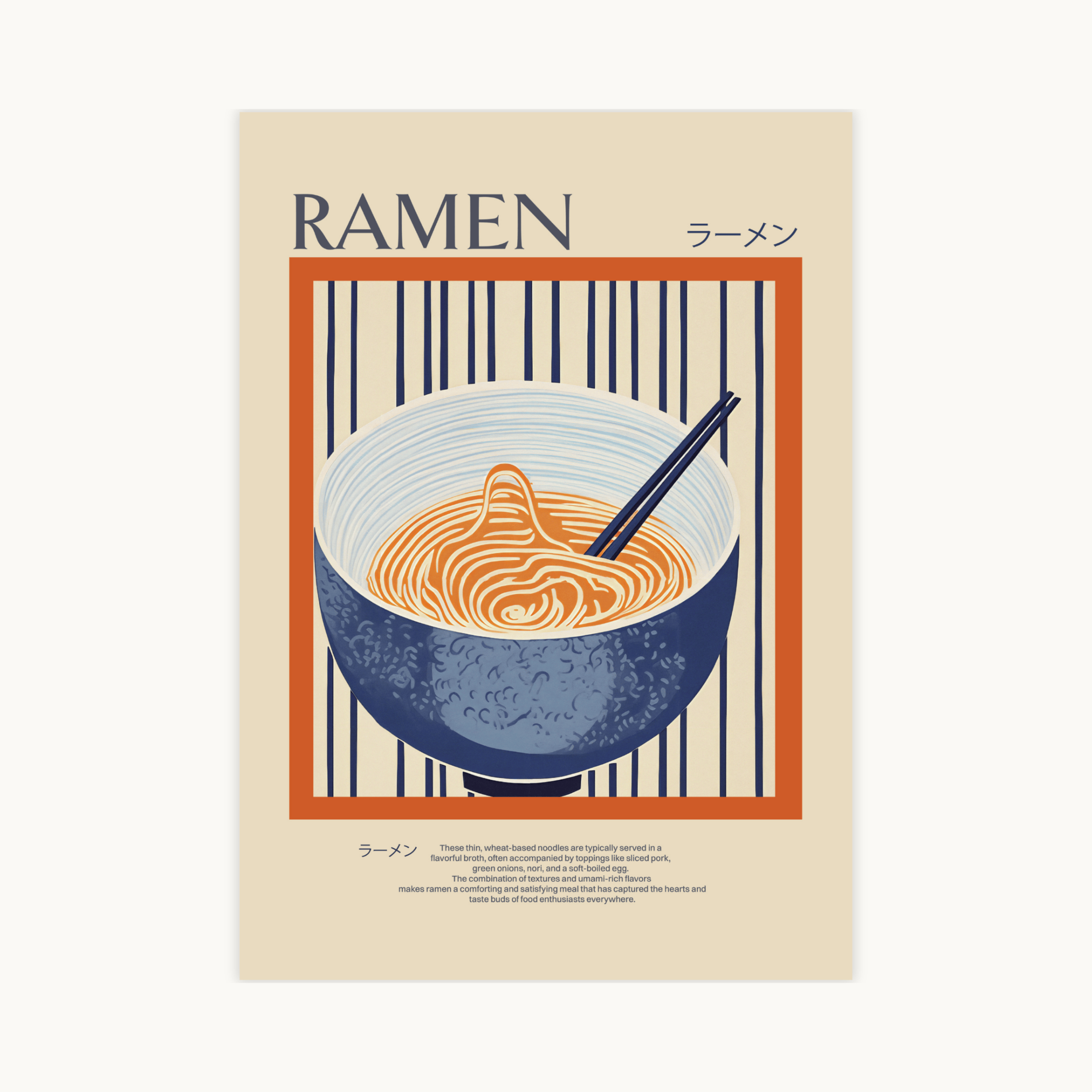 Grafische Ramen poster met een kom met oranje noedels in blauwe kom. Japanse karakters en de tekst 'Ramen'. Japanse food art decoratie.