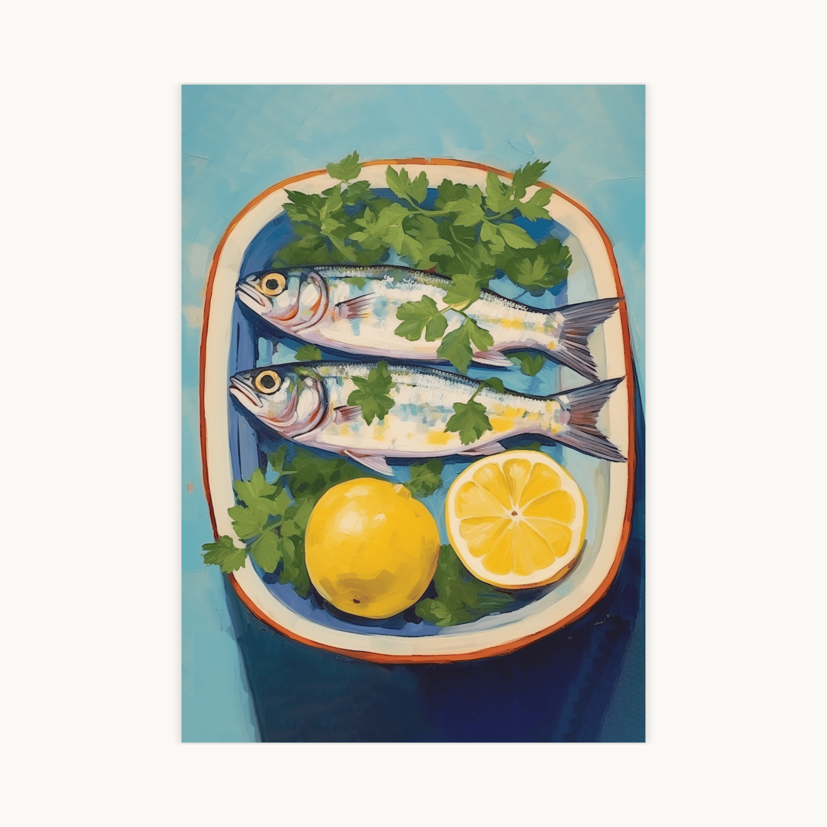 Culinaire kunstprint 'Fresh fish for dinner' van twee vissen, peterselie en citroenen op een blauwe schaal. Maritieme keuken decoratie.