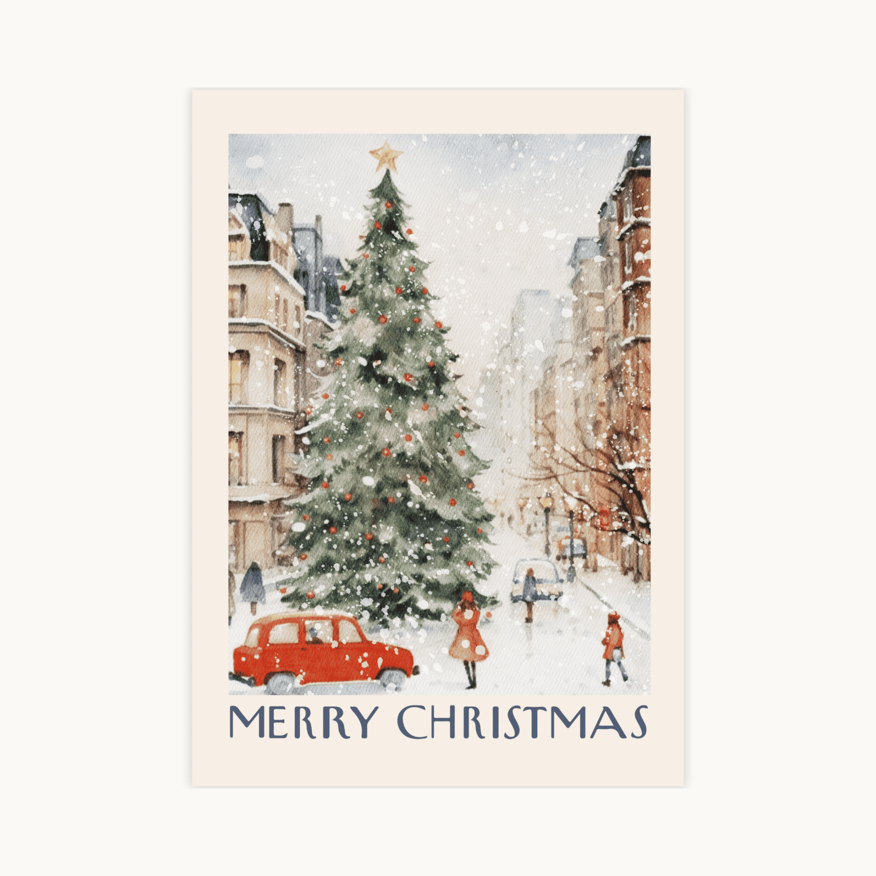 Aquarel poster van een blauwe voordeur met kerstdecoratie, twee besneeuwde kerstbomen en een rode vintage auto. Nostalgische en traditionele kerstmuurkunst.