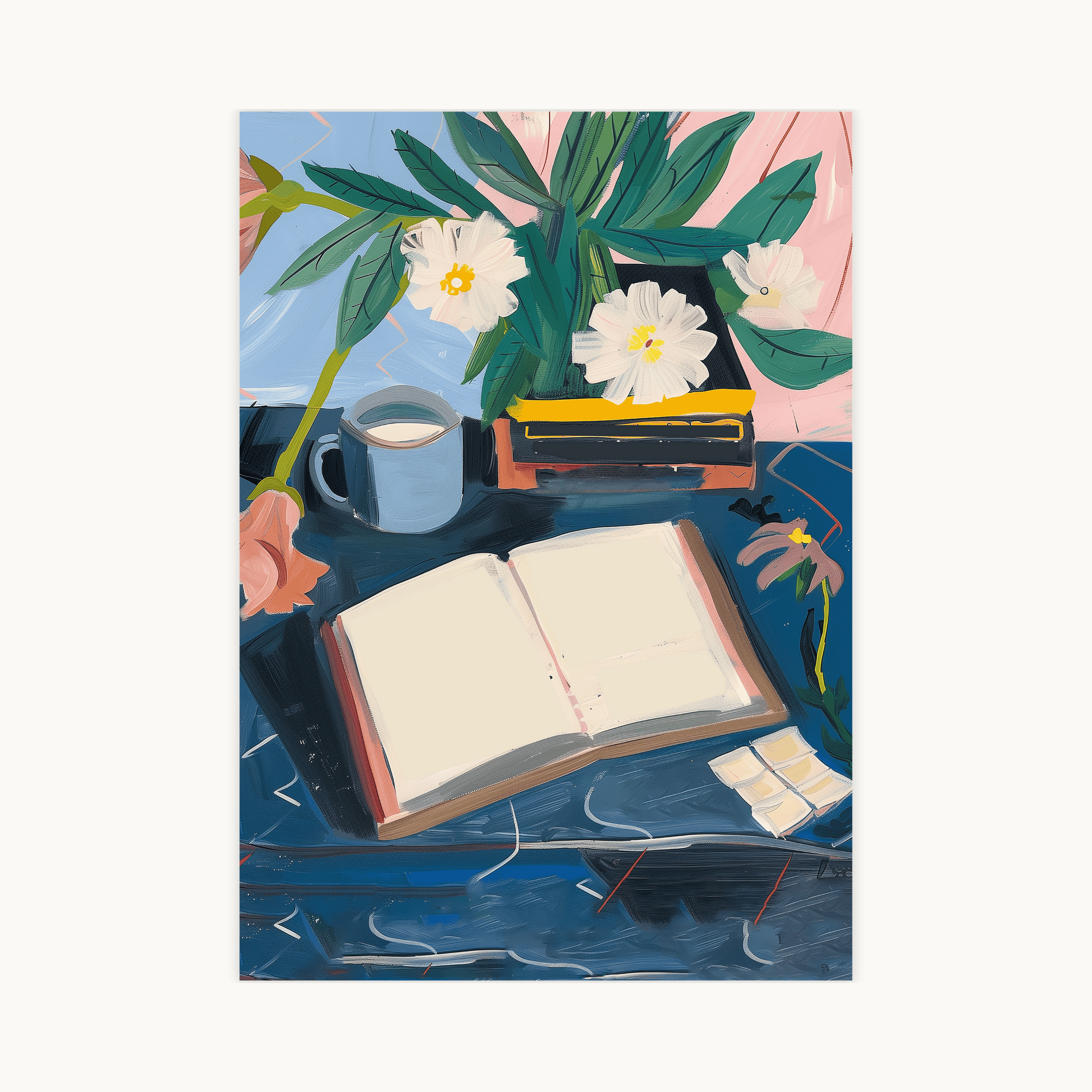 Abstracte kunstprint van een stilleven met een open notitieboek, koffiemok, boeken en bloemen op een donkerblauw bureau. Studeerkamer muurdecoratie.