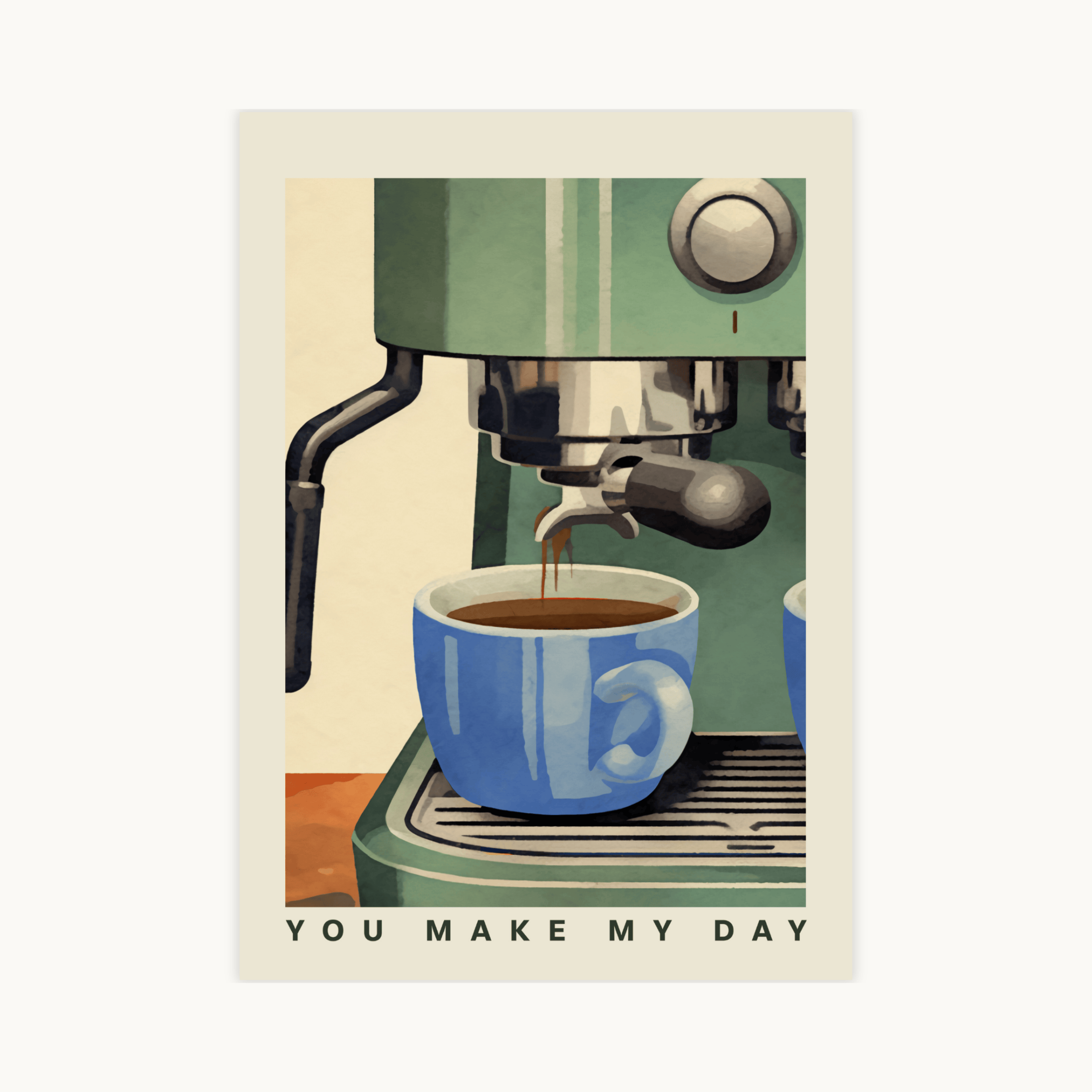 Poster van een vintage groene espressomachine die donkere koffie zet in een helder blauwe mok. Koffiekunst voor de keuken.
