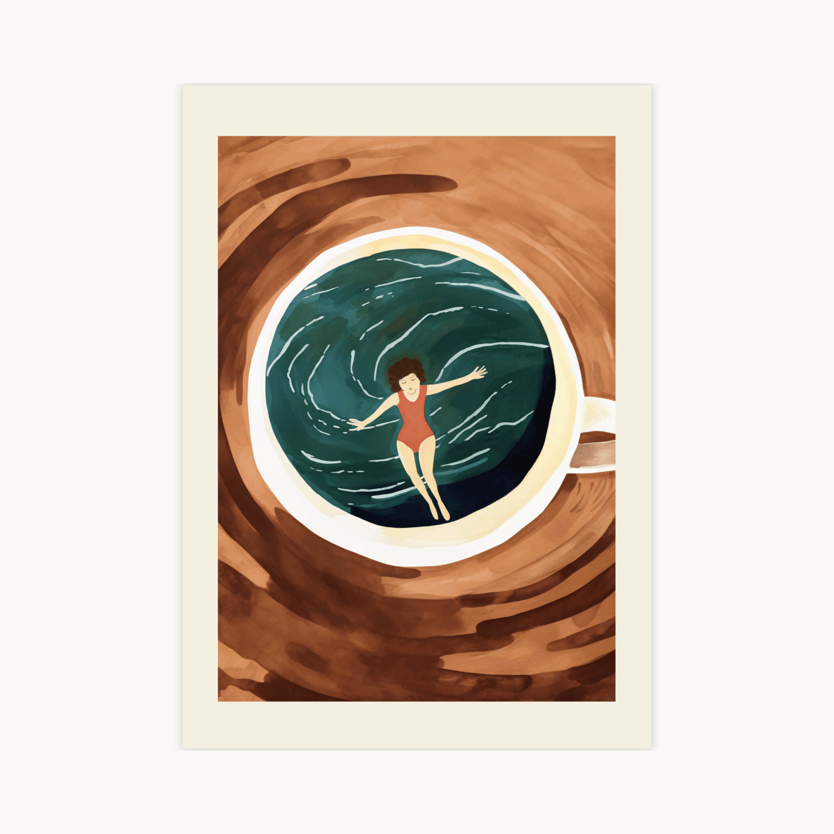 Illustratie poster van een vrouw in rood badpak die zwemt in een grote koffiekop met donkergroene vloeistof. Surrealistische kunst voor de koffieliefhebber.