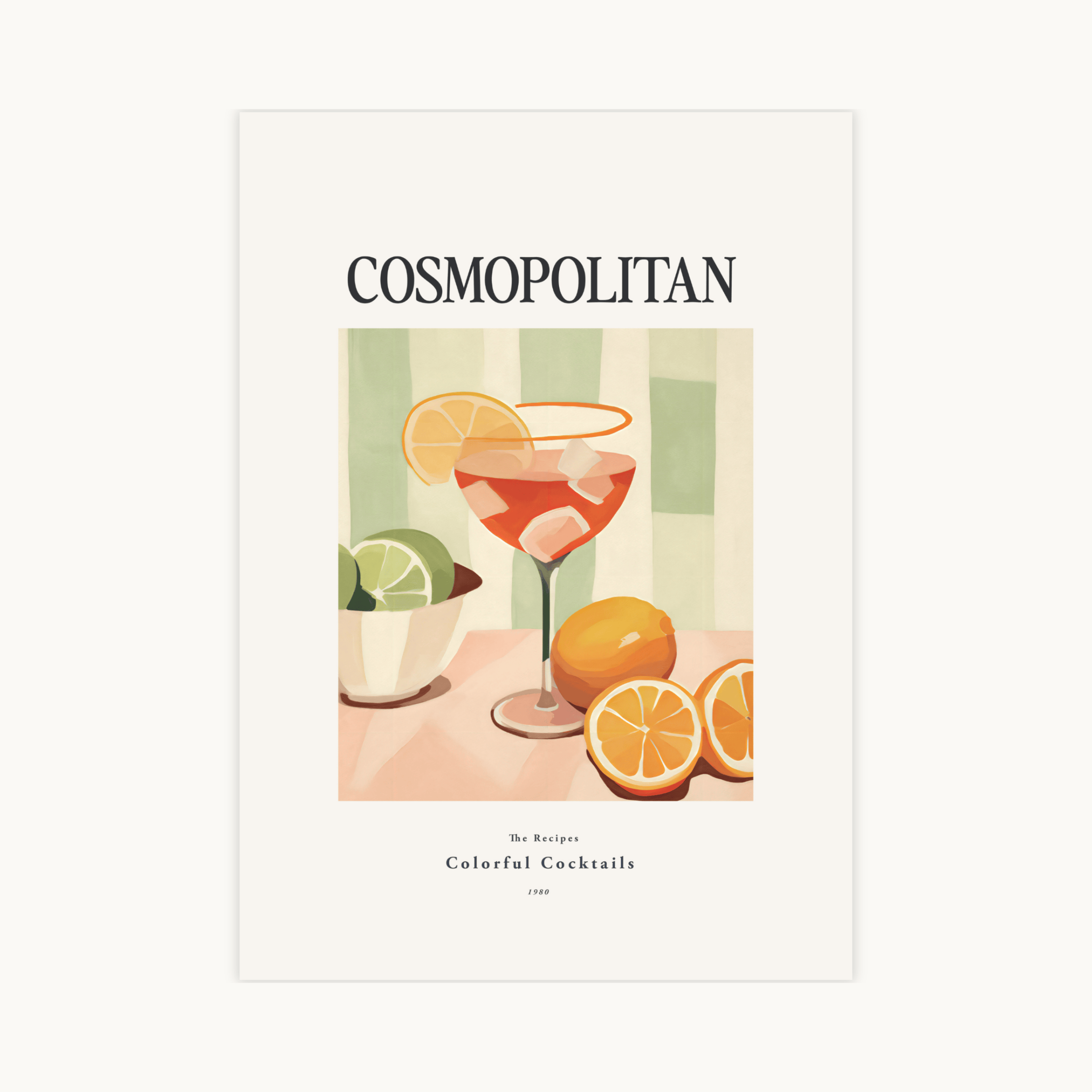 Poster van een Cosmopolitan cocktail met sinaasappel en limetten in retro stijl. Cocktailkunst en Bar decoratie.