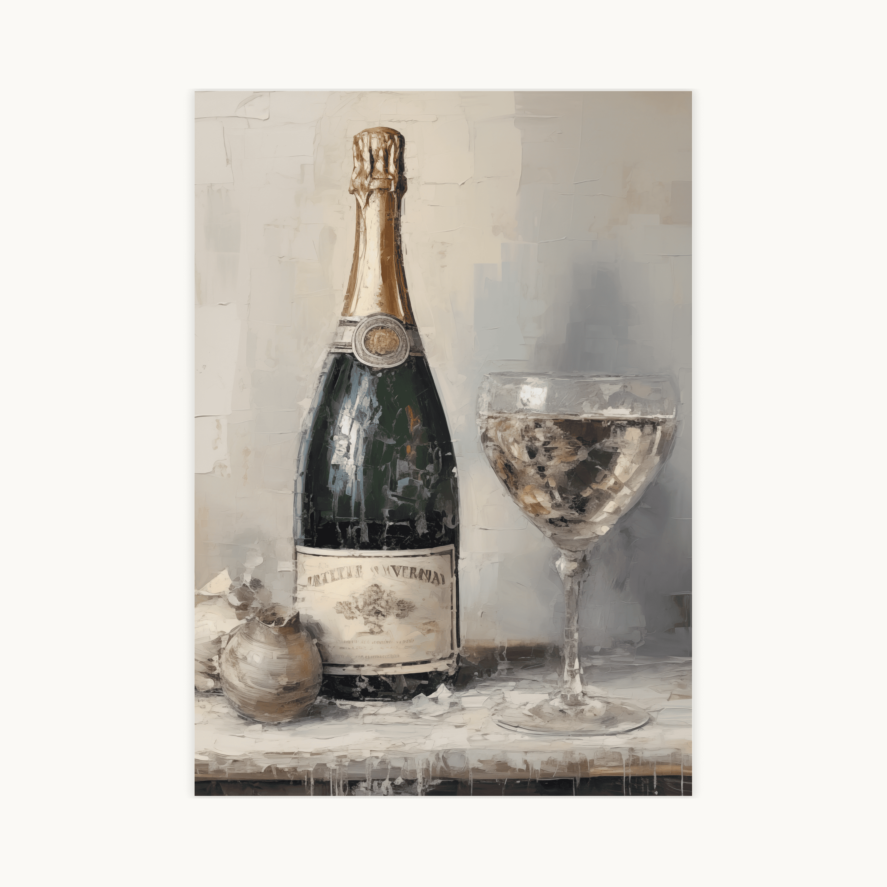 Geschilderde poster van een champagnefles en een coupéglas vol mousserende wijn, met zichtbare penseelstreken in een neutraal kleurenpalet. Chique bar decoratie.