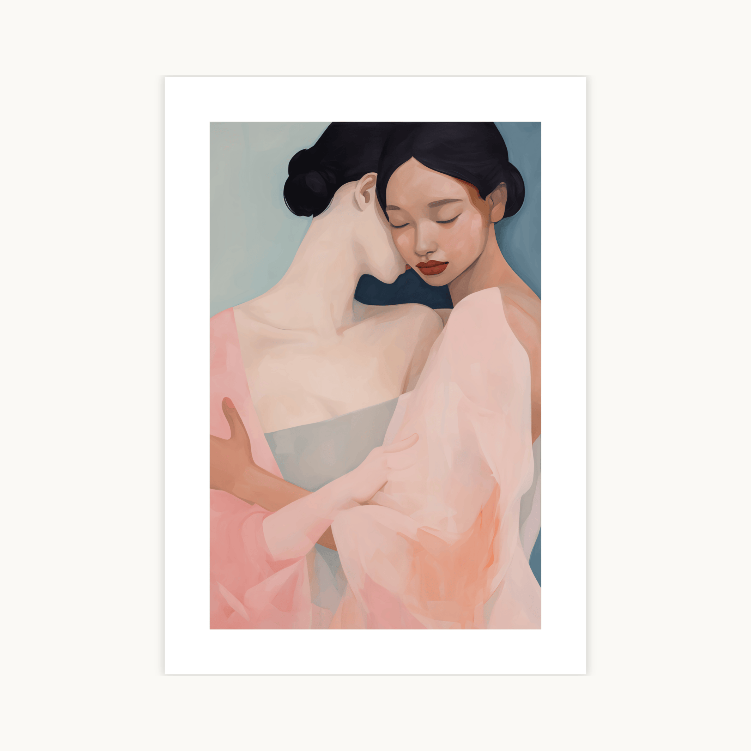 Illustratie poster van twee vrouwen die elkaar teder omhelzen in pastelkleuren. Liefdeskunst en romantisch portret.