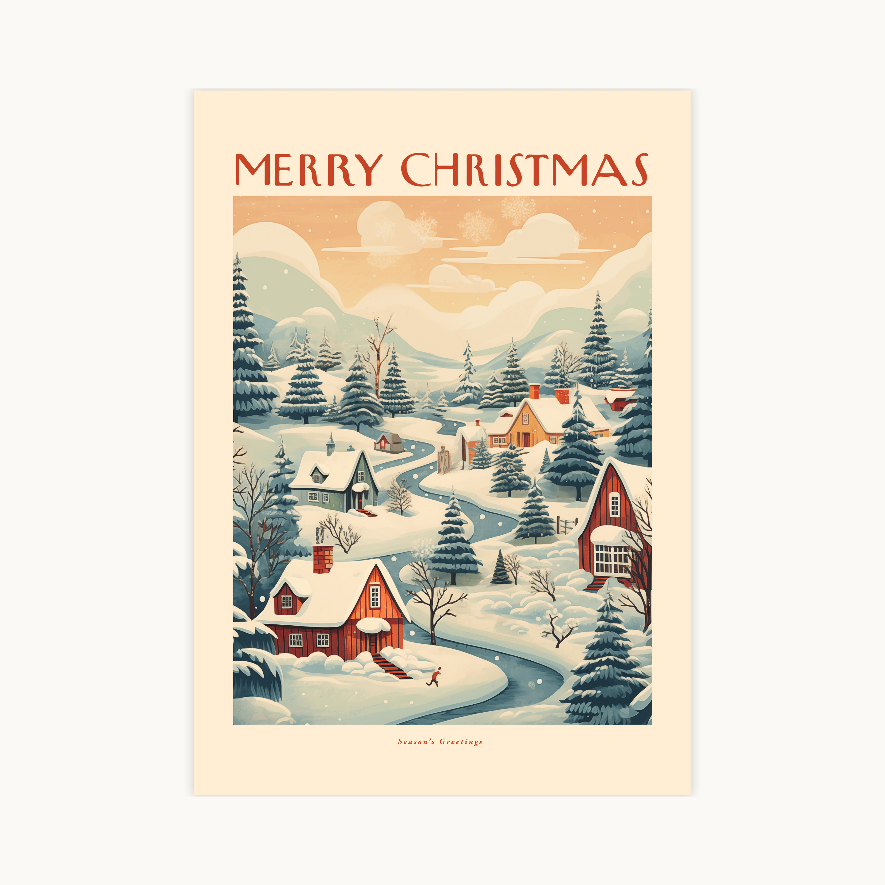 Poster Idyllisch Besneeuwd Dorp Kerstmis Winterlandschap, met rode huisjes, naaldbomen en een beek. Vintage Kerstdecoratie Kunst, "Merry Christmas" tekst.