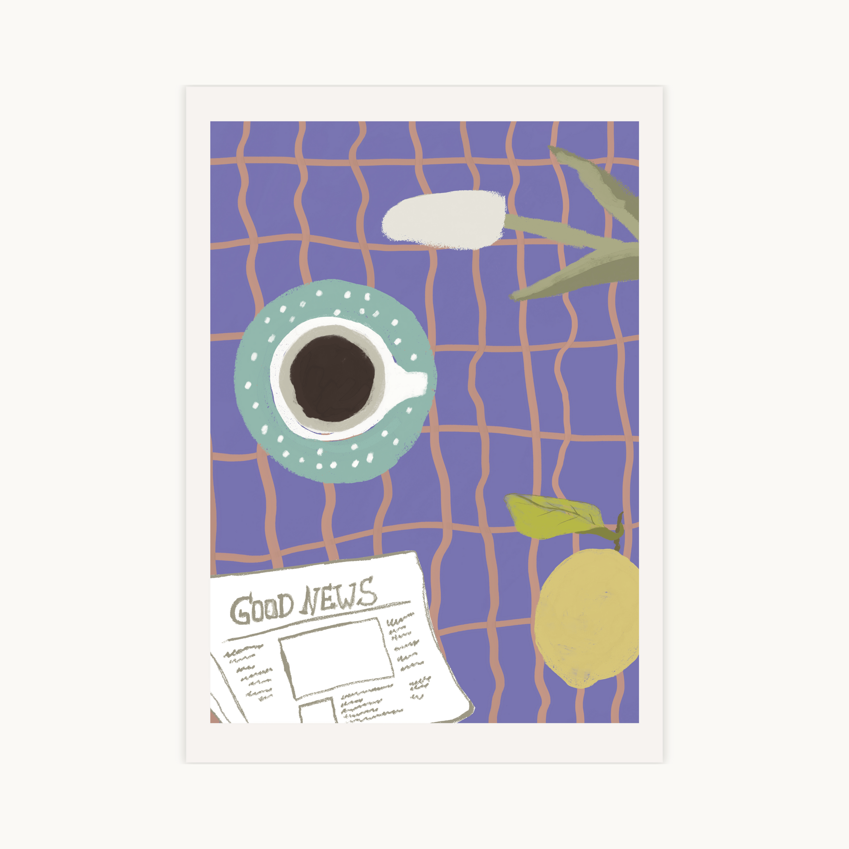 Moderne grafische poster met een kop koffie, witte tulp, citroen en "Good News" krant op een paarse achtergrond met oranje ruitjes.