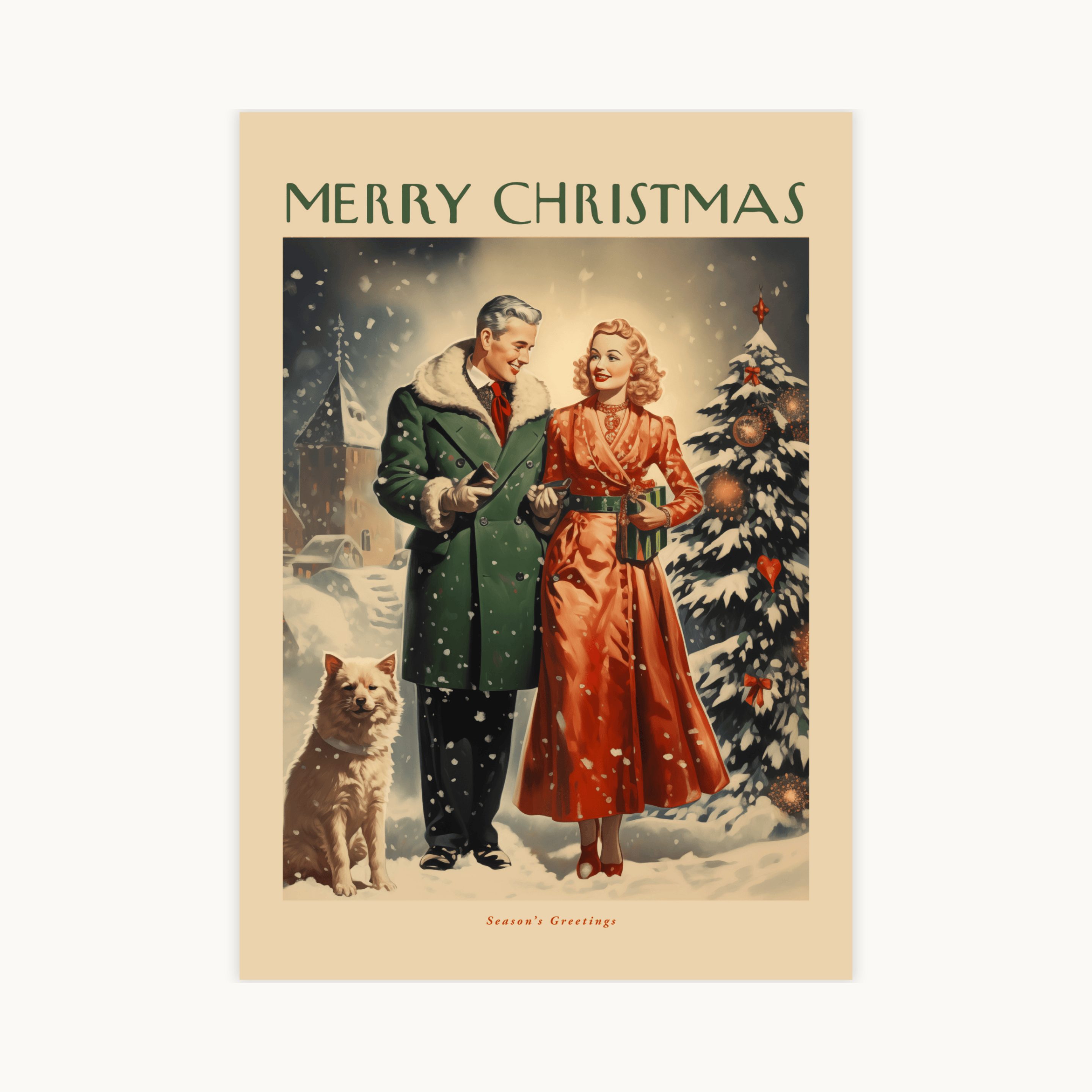 Vintage kerstposter met elegant koppel, hond en sneeuw, retro illustratie in rood en groen, Merry Christmas tekst.