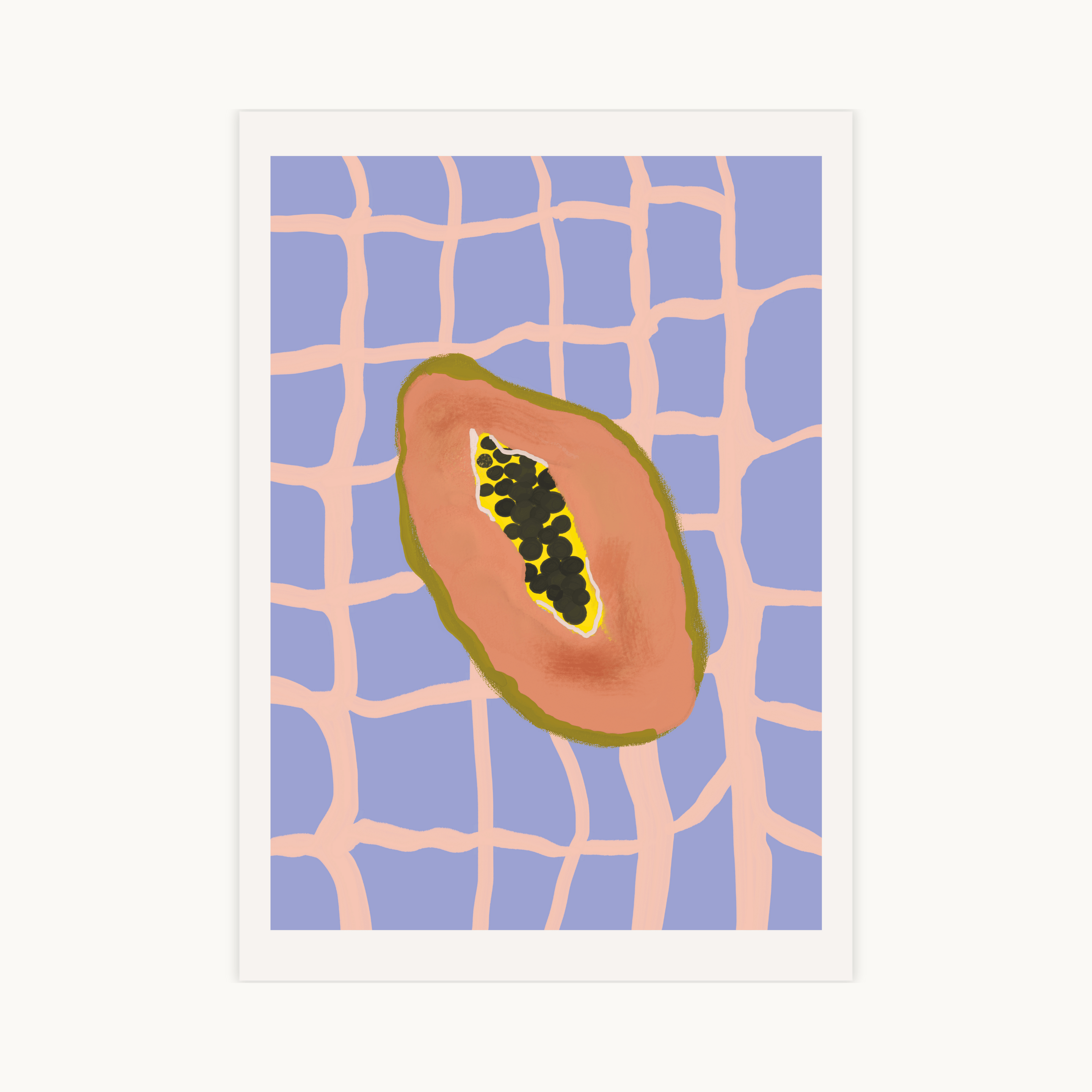 Illustratie van een halve papaja op een achtergrond van roze en blauwe ruiten, funky fruit poster en kleurrijke wanddecoratie voor de keuken.