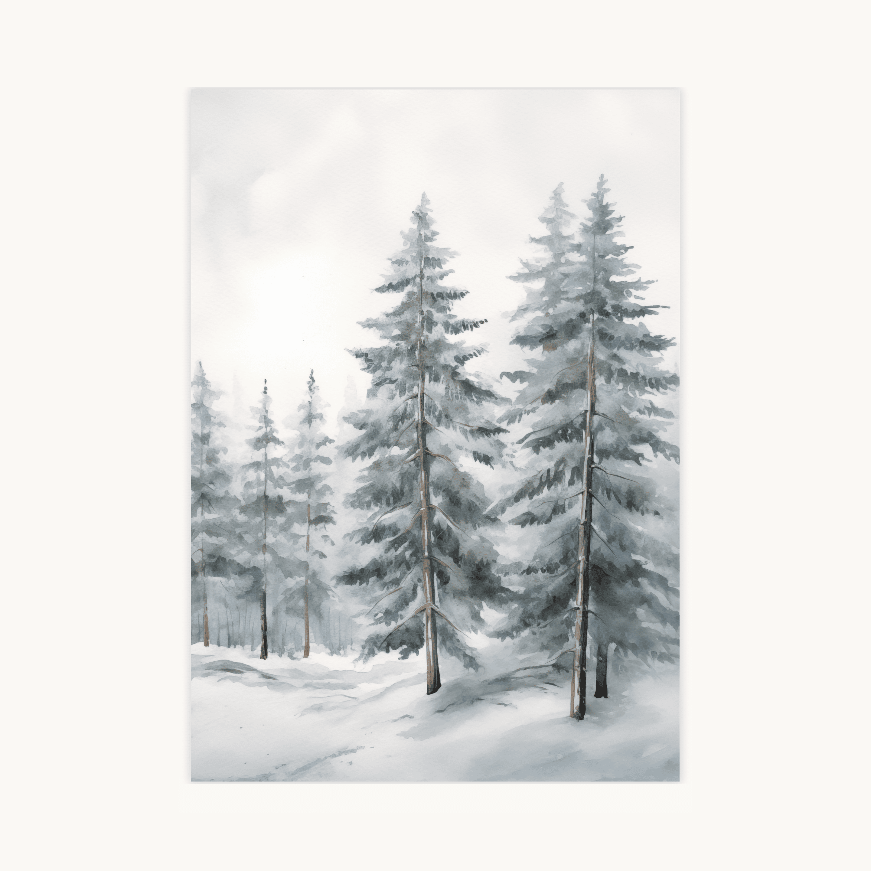 Aquarel poster winterbos met besneeuwde dennenbomen, minimalistisch Scandinavisch design in grijs en wit.