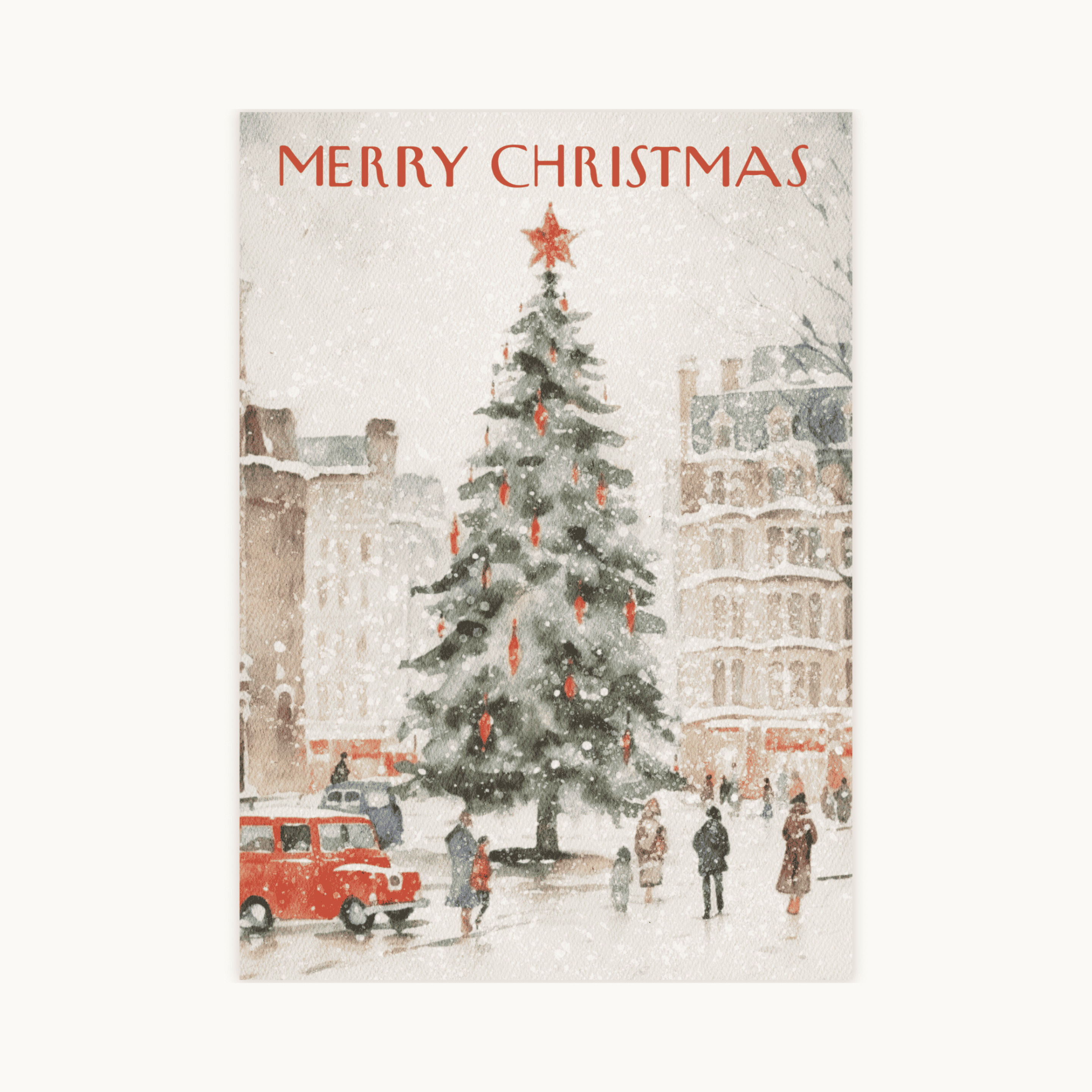 Aquarel poster van een kerstboom op een stadsplein in de sneeuw, met mensen en een rode auto. Nostalgische en traditionele kerstdecoratie met de tekst "MERRY CHRISTMAS".