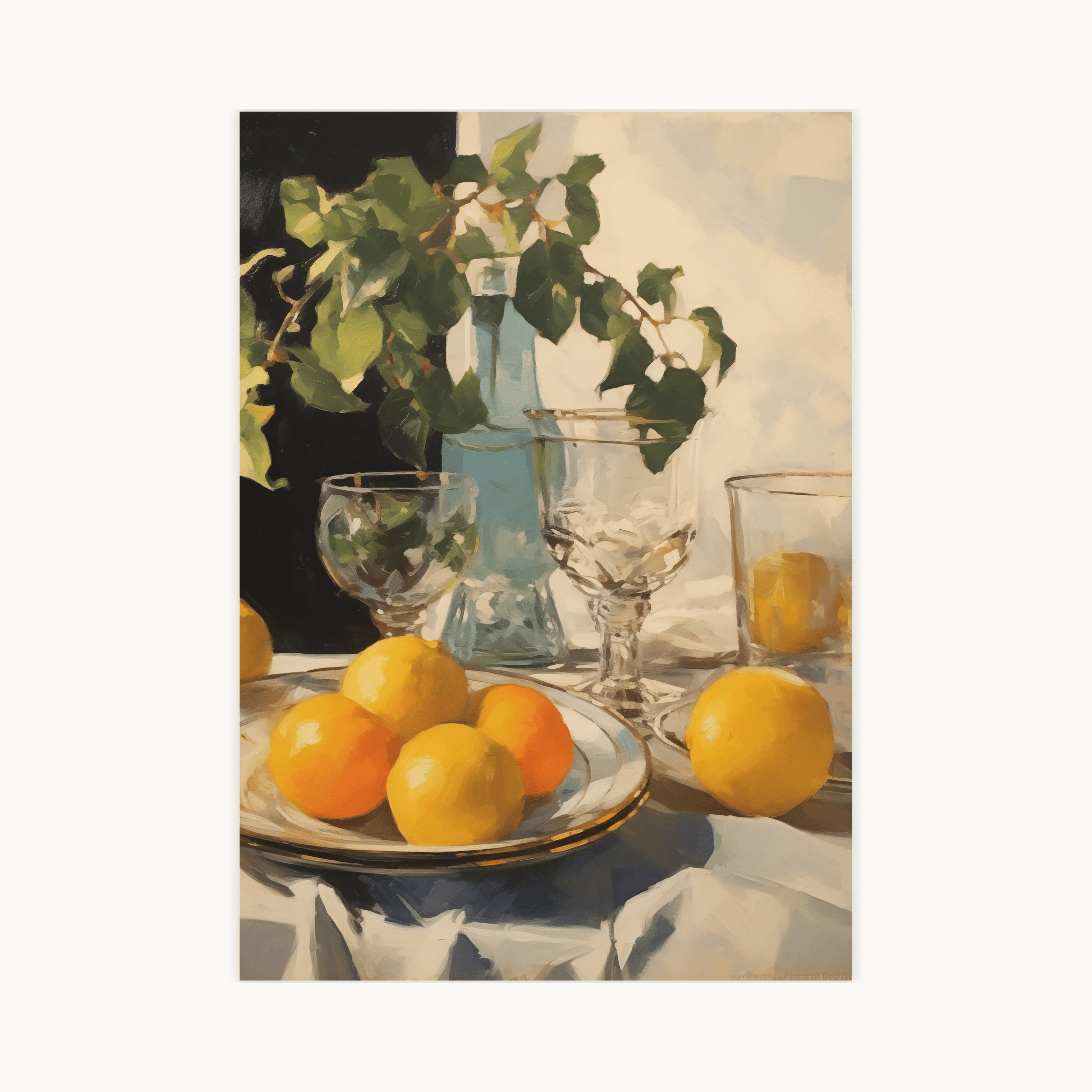 Schilderachtige poster van een still life met oranjegele citroenen op een bord met gouden rand, verschillende glazen, en een tak met groene bladeren in een lichtblauwe vaas. Een klassieke en elegante kunstprint met een Mediterraan en culinair thema.