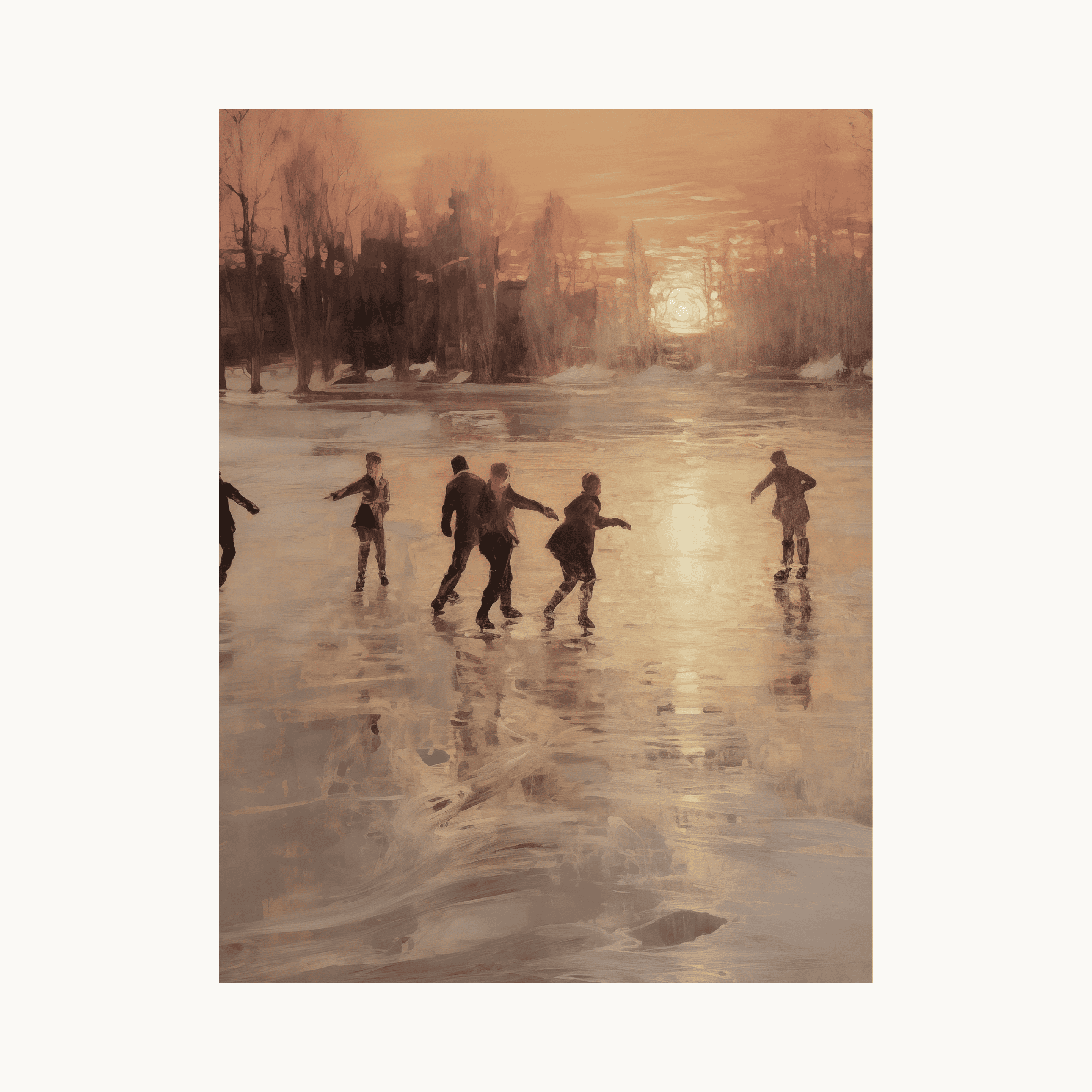 Schilderij-stijl poster van mensen die schaatsen op een bevroren meer bij zonsondergang. Warme, rustieke winterlandschap kunst in bruin en oranje tinten.