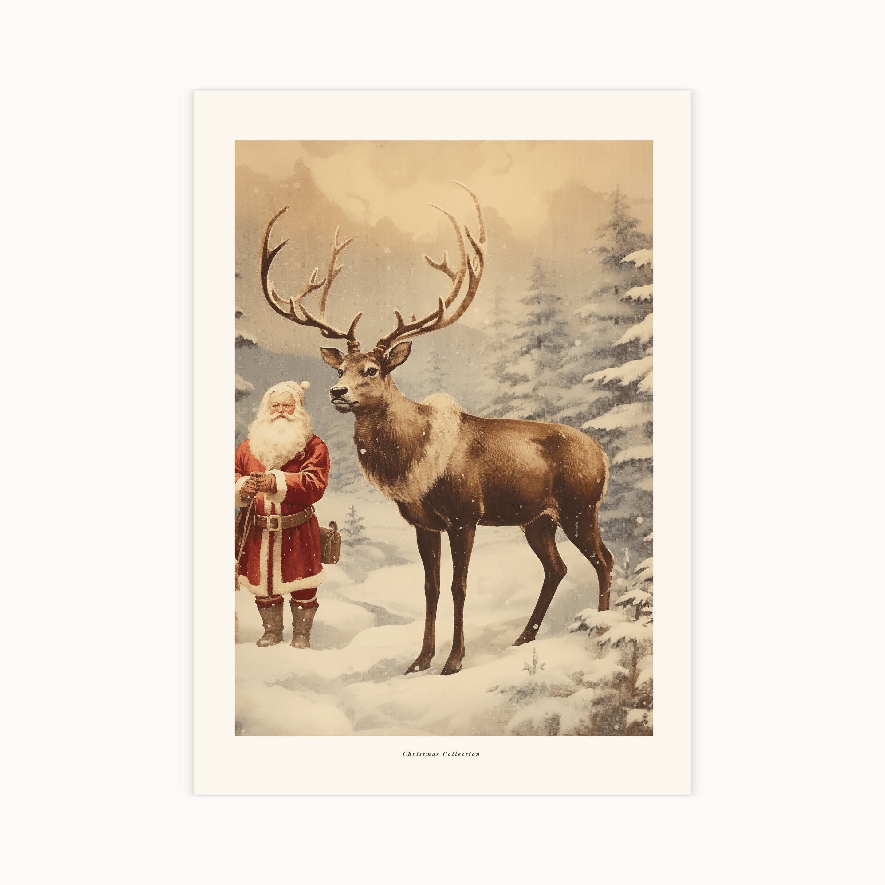 Schilderachtige aquarel kerstposter met een traditionele, vintage kerstman naast een majestueus rendier in een besneeuwd bos. Ideaal voor rustieke kerstdecoratie en kerstcadeaus.