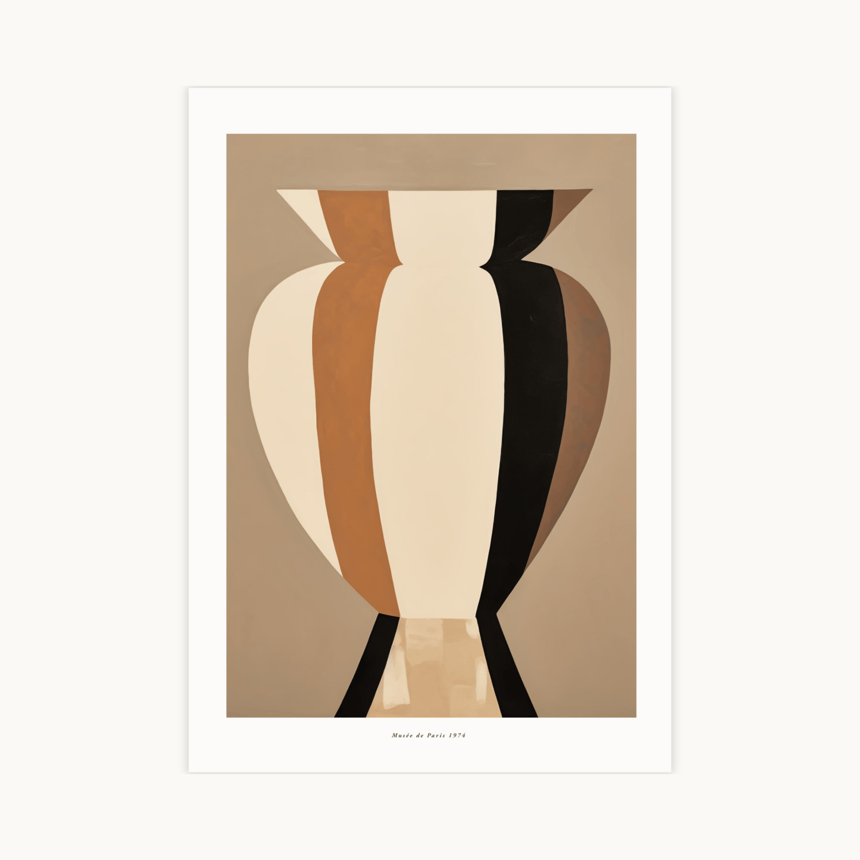 Abstracte vaas poster in mid-century stijl met verticale banden in beige, terracotta en zwart. Geometrische kunst print.