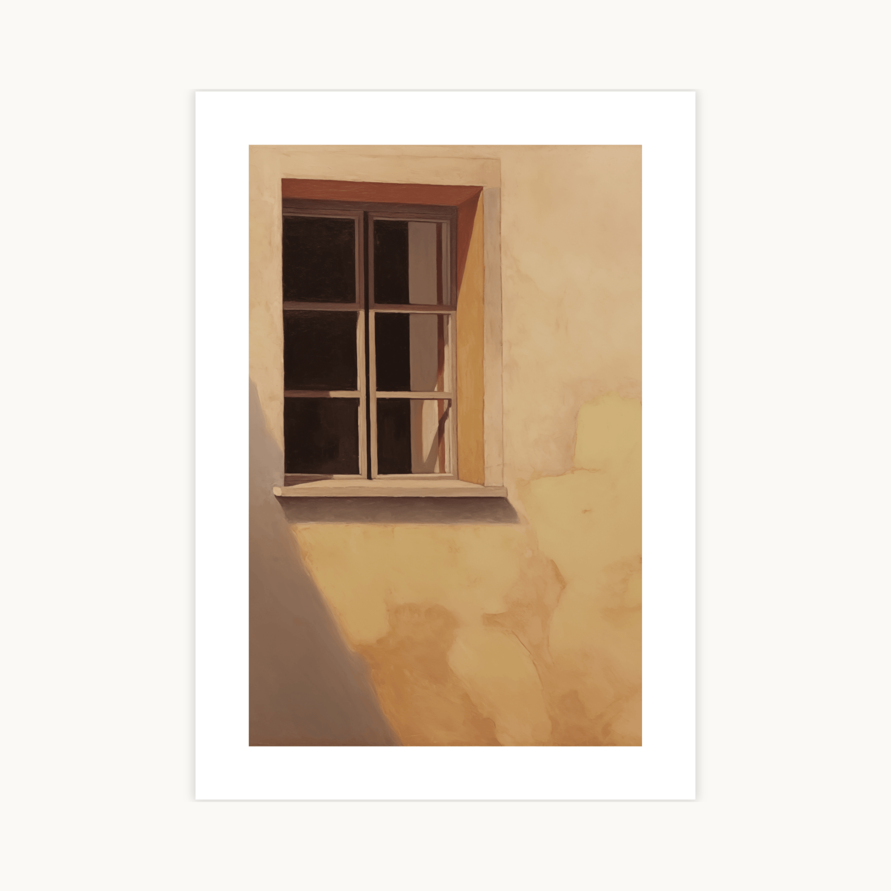 Schilderachtige poster 'Warm Siena Window' van een houten raam in een oude, okergele (Siena-kleurige) stucmuur. Het felle licht werpt een scherpe, donkere schaduw op de muur. Minimalistische architectuurkunst en Tuscan style print.