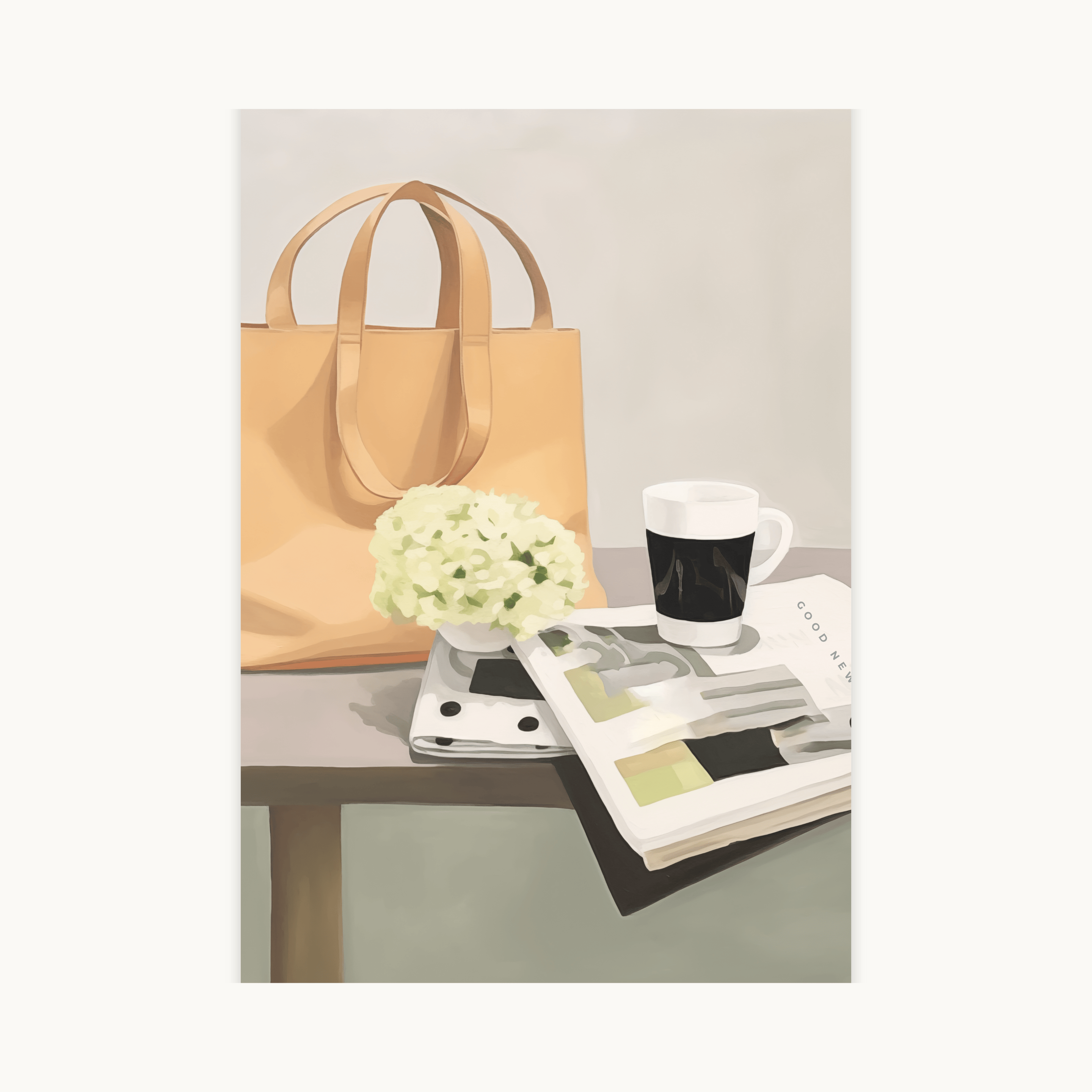 Moderne esthetische print van een stilleven met koffie, bloemen, tijdschriften en een beige tote bag op een grijze tafel. Scandinavische muurdecoratie voor woonkamer of kantoor.